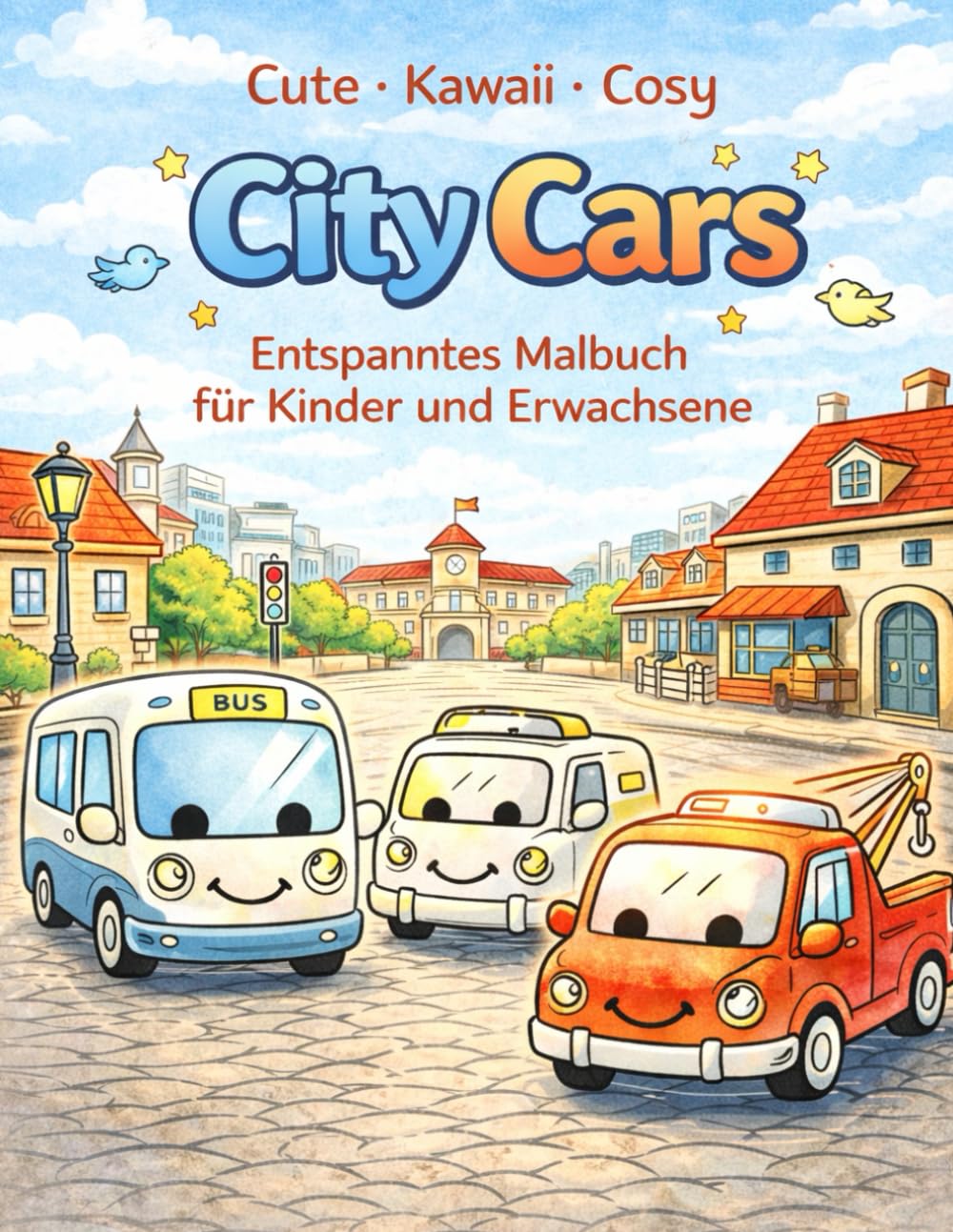 cozy kawaii cute City Cars Malbuch Niedliche Autos in gemütlichen Stadt-Szenen zum Ausmalen: Ein entspanntes Ausmalbuch für Kinder und Erwachsene – ... City Cars für Ruhe, Kreativität und Entspannu