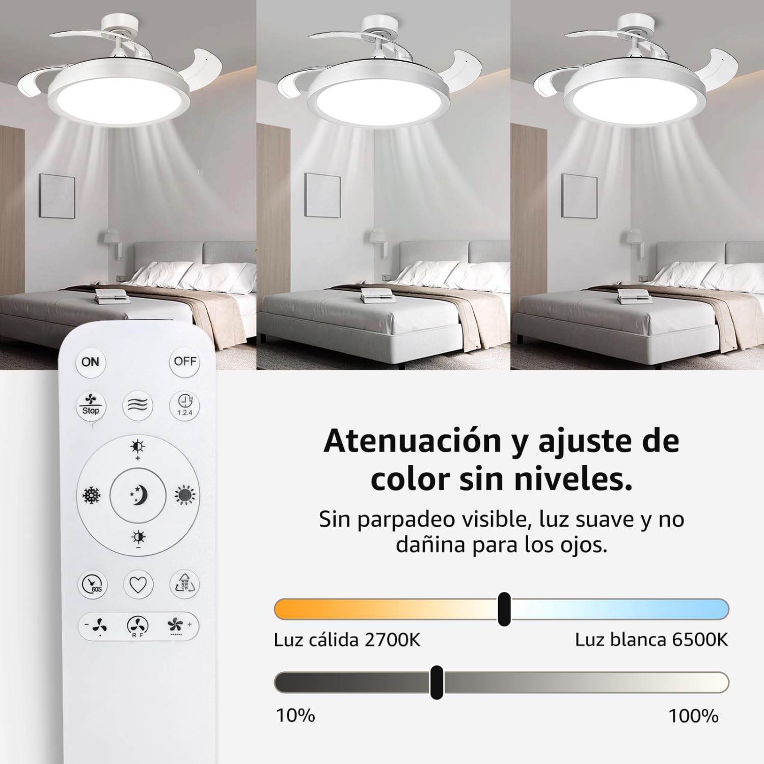 Aigostar Ventilador de Techo LED de 50W 5300LM, Aspas Retráctiles, CCT 2700K-6500K y Brillo Ajustable, con Control Remoto y Función Verano e Invierno(Blanco)