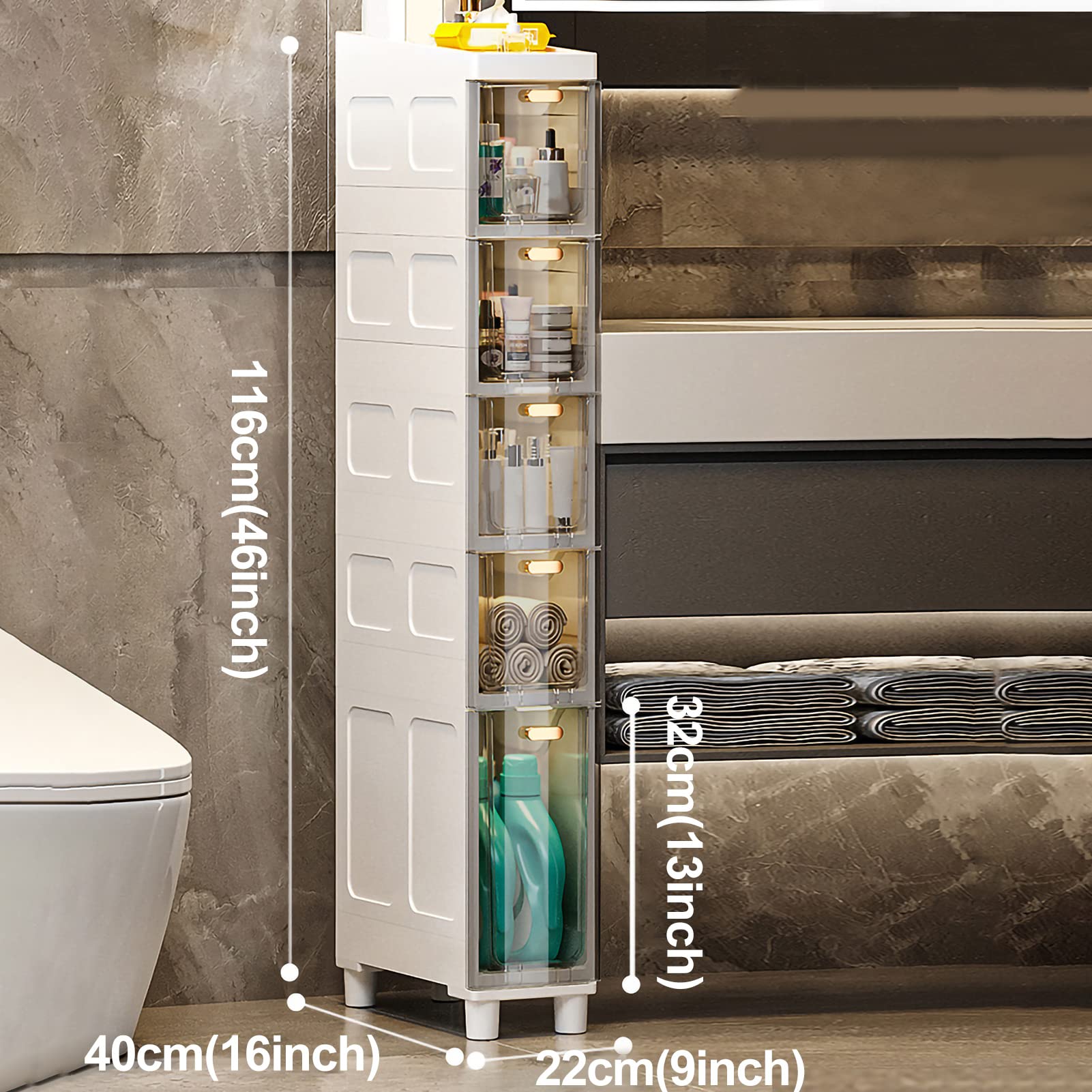 Gabinete de piso para baño con cajones de almacenamiento apilables Gabinete de baño Delgado de almacenamiento, Gabinete de almacenamiento de Papel higiénico Delgado de gr