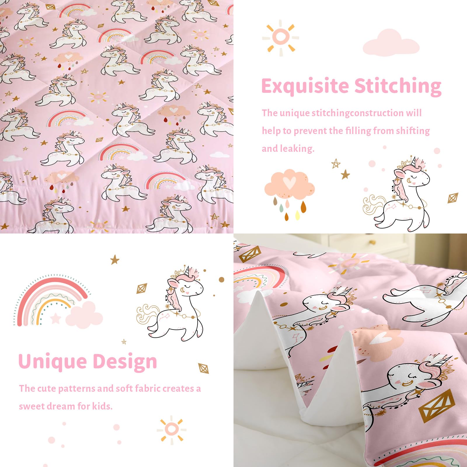 CINYE Pink Unicorn Coverless Duvet Single,Coverless Duvet For Girls/Kids, Quilt Single with Unicorn and Rainbow - Image 4