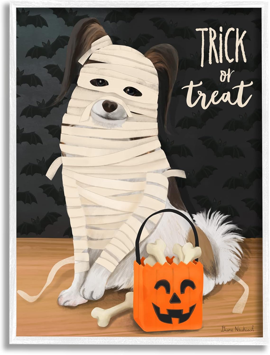 Stupell Industries Dog Wearing Mummy Costume Trick or Treat Halloween, Design by Diane Neukirch White Framed 16L" x 1.5W"