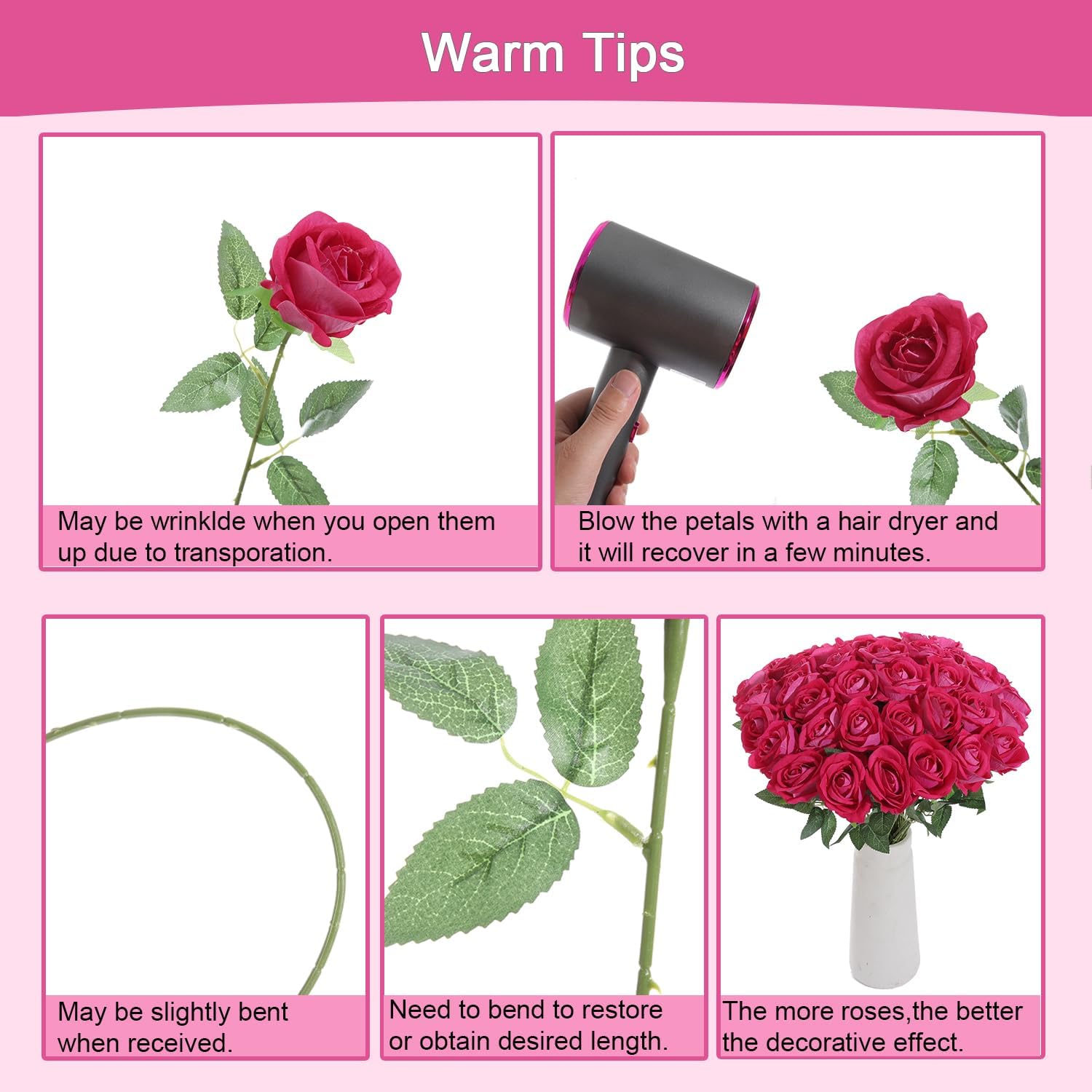12Pcs Fuchsia Roses Artificial Flowers Fake Roses Faux Velvet Silk Flower for Home Wedding Decoration (Pearl Rose, Fuchsia) - Image 5