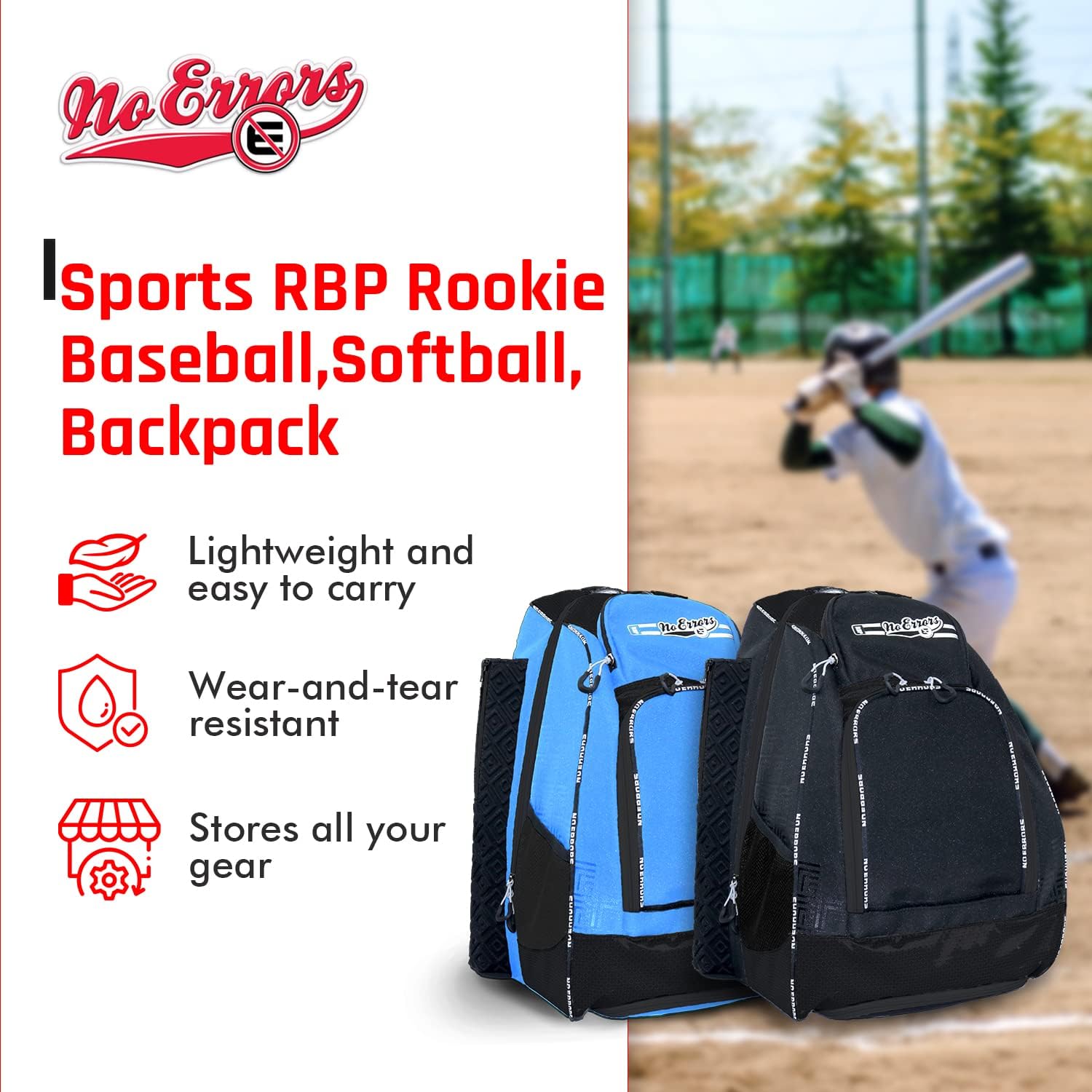 No Errors Sports RBP Rookie Baseball and Softball Backpack - Youth Baseball and Softball Bat Bag with Fence Hooks - Baseball and Softball Equipment Bag for Kids