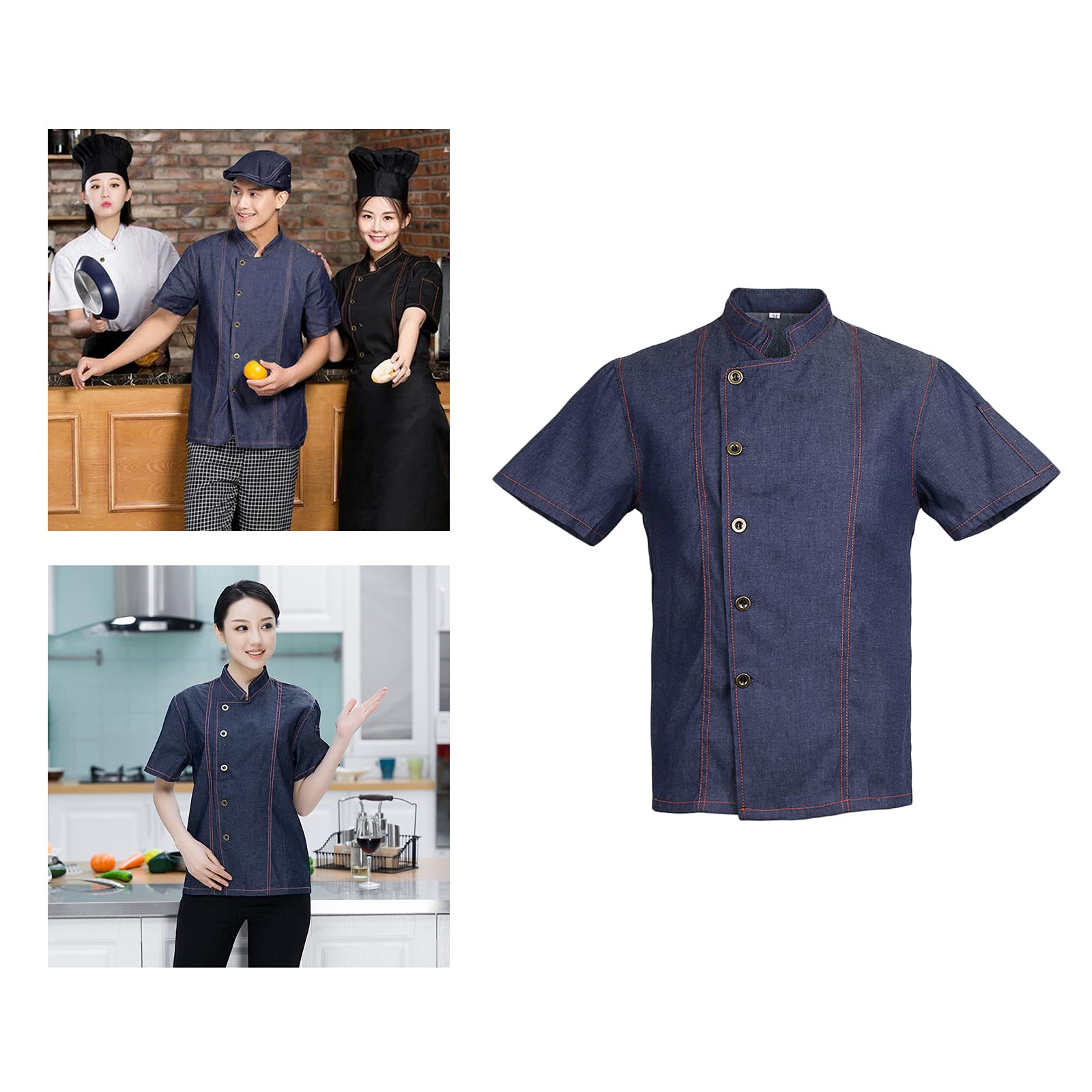 Giacca da cuoco in denim unisex, a maniche corte, divisa da cucina, blu, M