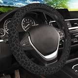 Black Leopard Print Cheetah Elastic Steering Wheel Cover, Non-Slip Breathable Neoprene Steering Wheel Covers, Women Leopard Car Accessories, Universal 15 Inch Fit Auto, Suvs, Truck