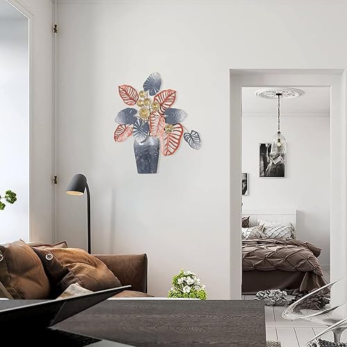 Miniatura 9 de Adeco Decoración de pared de hojas de metal de 19 pulgadas en jarrón para el hogar, esculturas artísticas para la sala de estar, dormitorio,