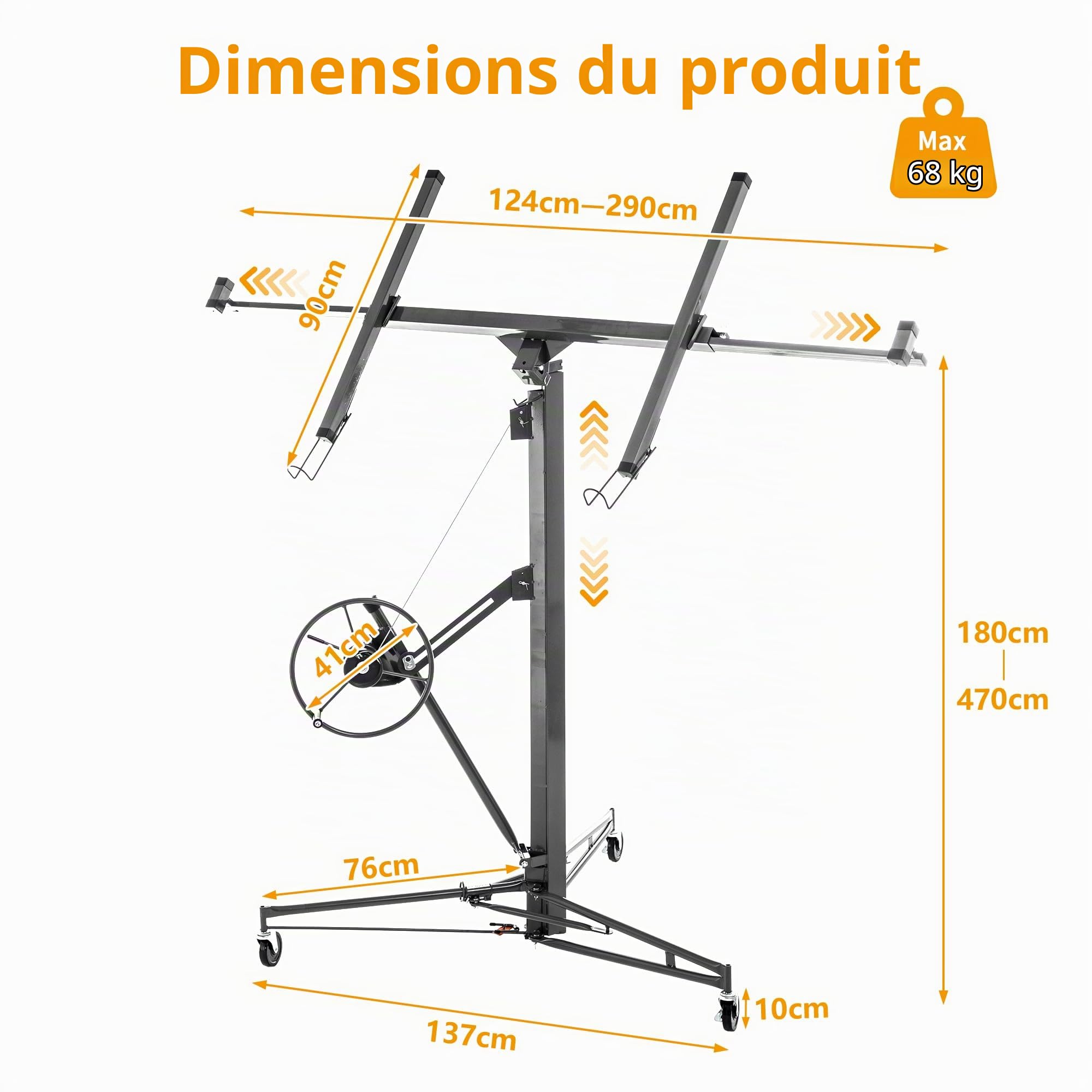 Lève Plaque Manuel 68 kg Monte Plaque à Crémaillère, Hauteur Réglable 140-350 cm, Inclinaison 60°, Chariot de Levage Pliable pour Placo Plafonds, Roues Freinées Mobil et sécurisé