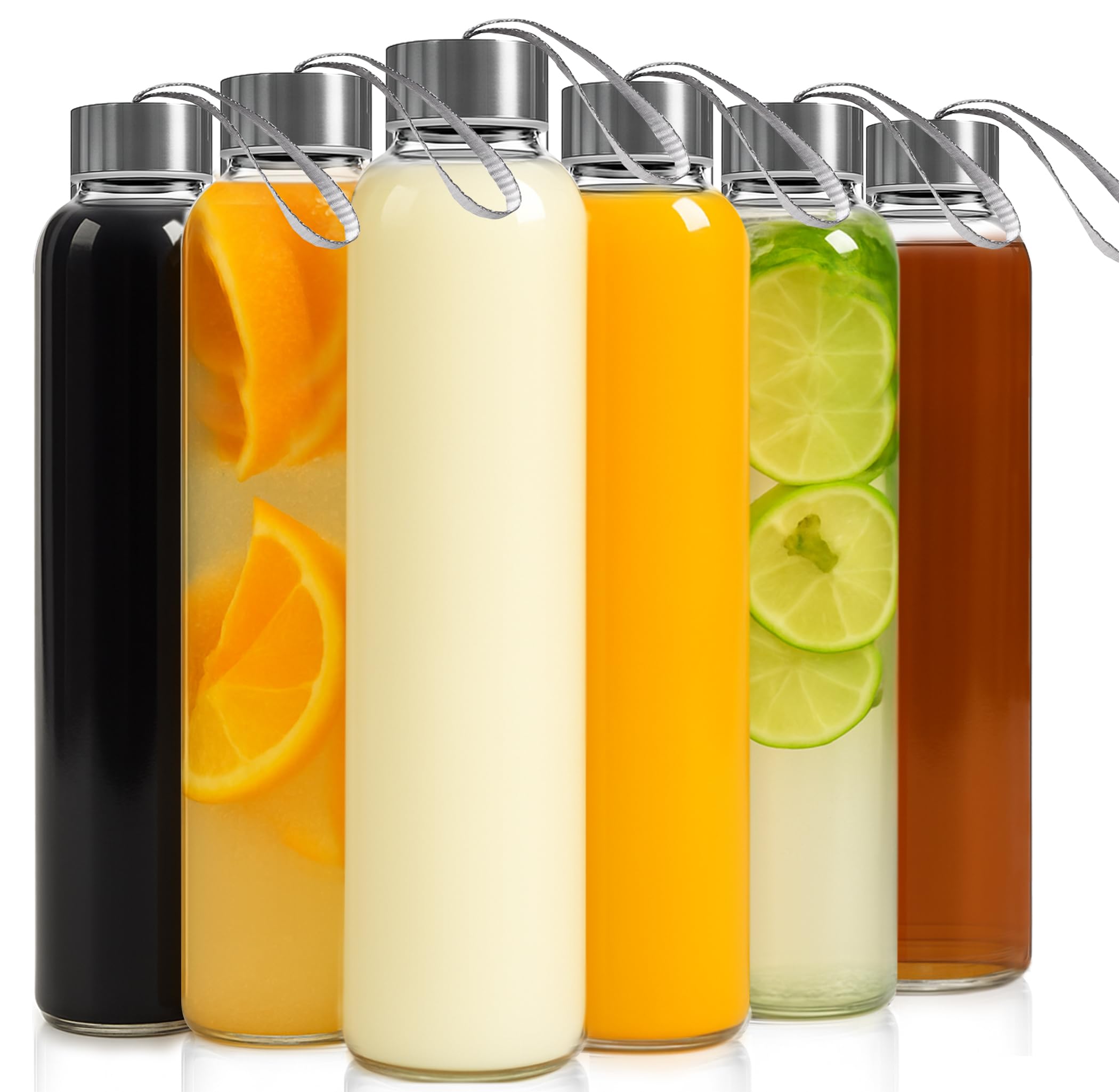 Epica 18-Oz. Glass Beverage Bottles, Set of 6 (Beverage Glasses + Carrying Loop Caps)