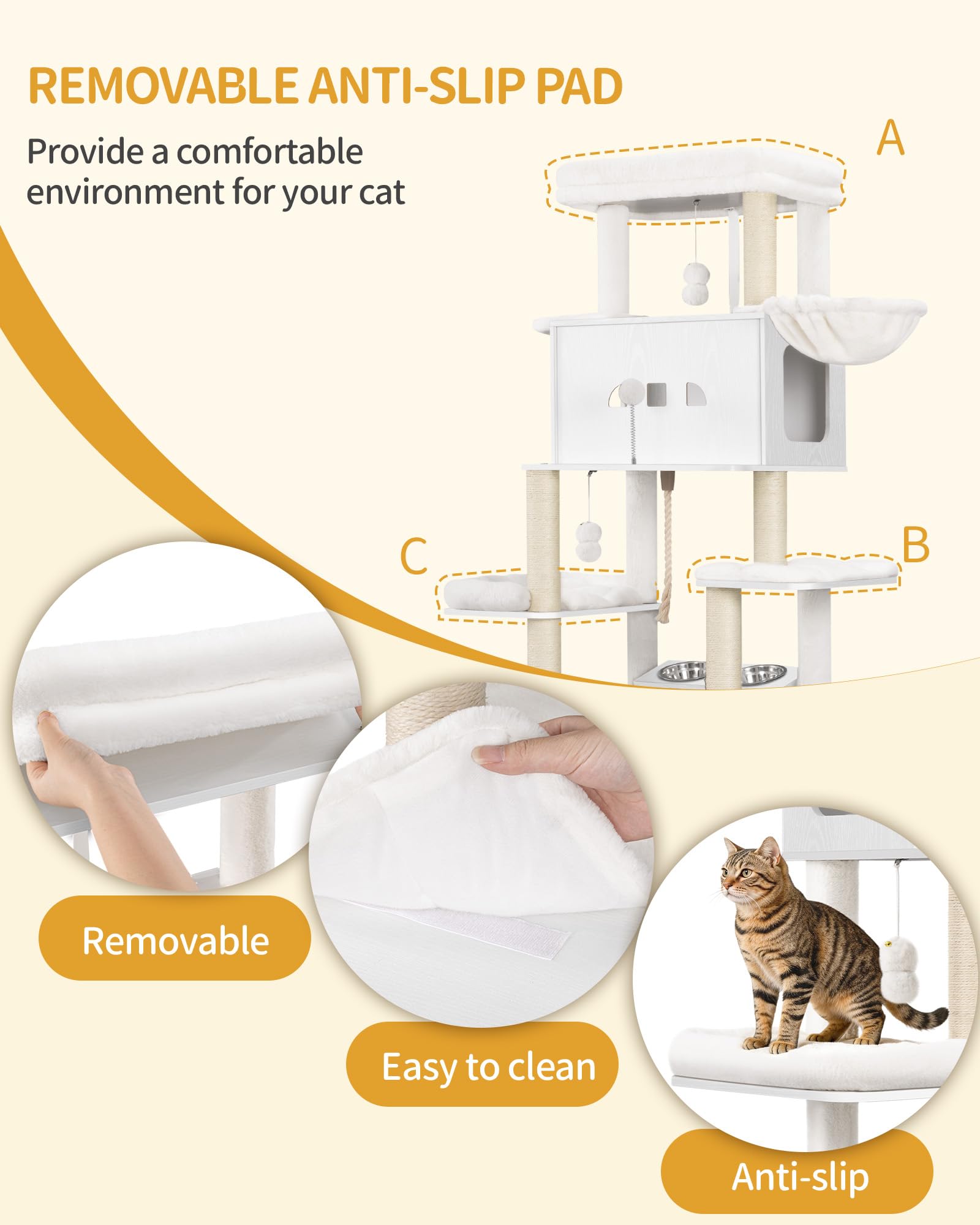 Hzuaneri Mobile Lettiera per Gatti, Albero Tiragraffi per con Ciotole, Condominio per Gatti Multilivello 173 cm, Amaca, Cuscino in Peluche Removibile e Lavabile, Bianco CB89013WT