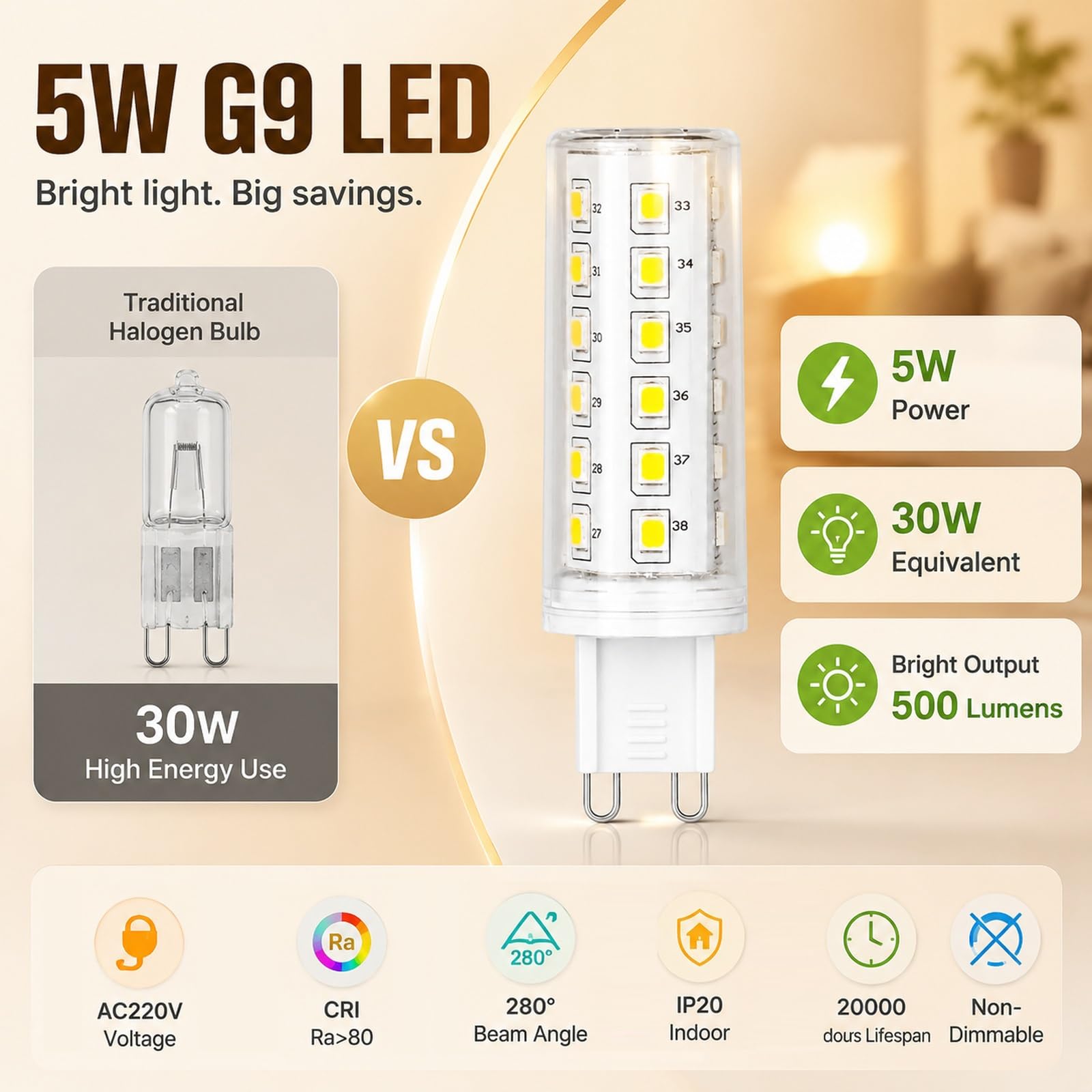 Bombilla LED G9 Luz Cálida 3000K, 5W=40W, Sin Parpadeo, Ahorro Energía, CRI≥80, Larga Vida, Para Araña, Aplique, Pasillo, Iluminación Interior, No Regulable(6 Pack)