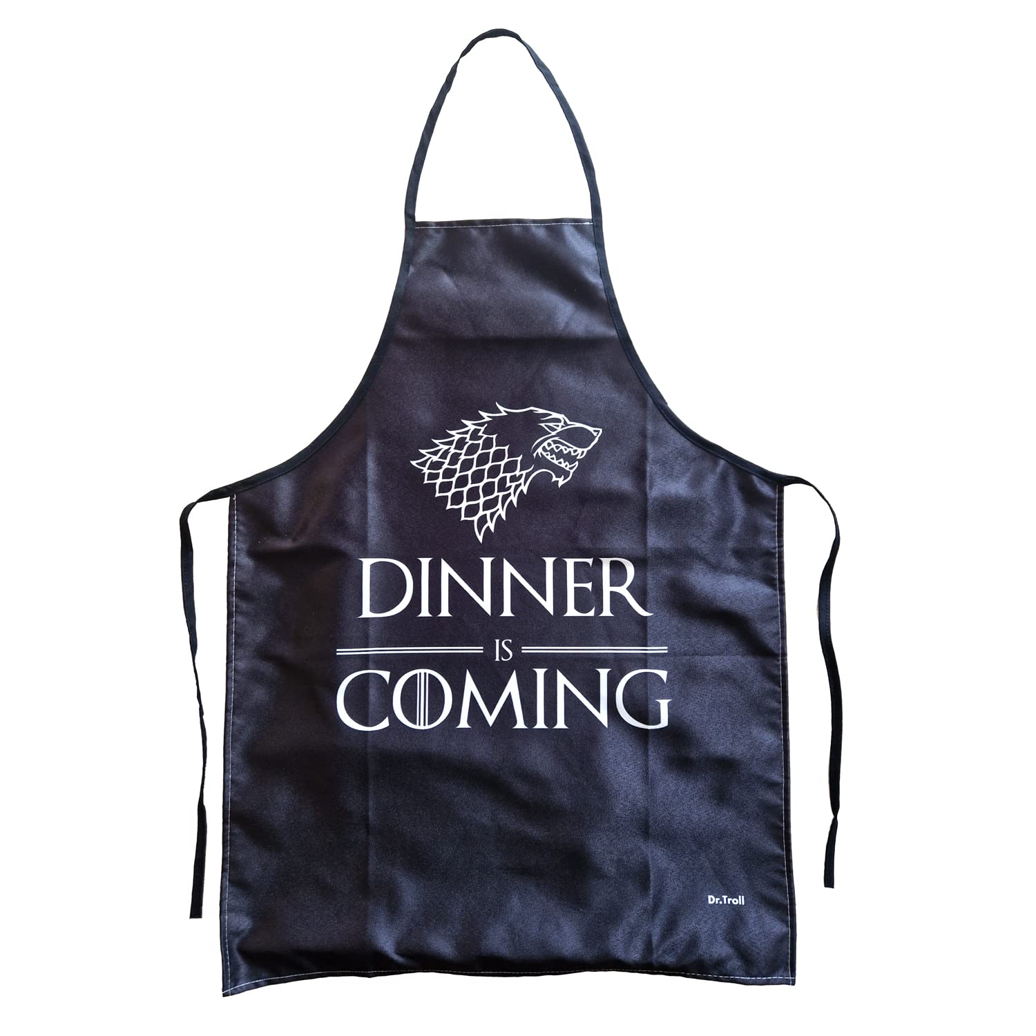 Dr. Troll Delantal Fan Art Stark y la Frase Dinner is Coming, Color Blanco y Negro