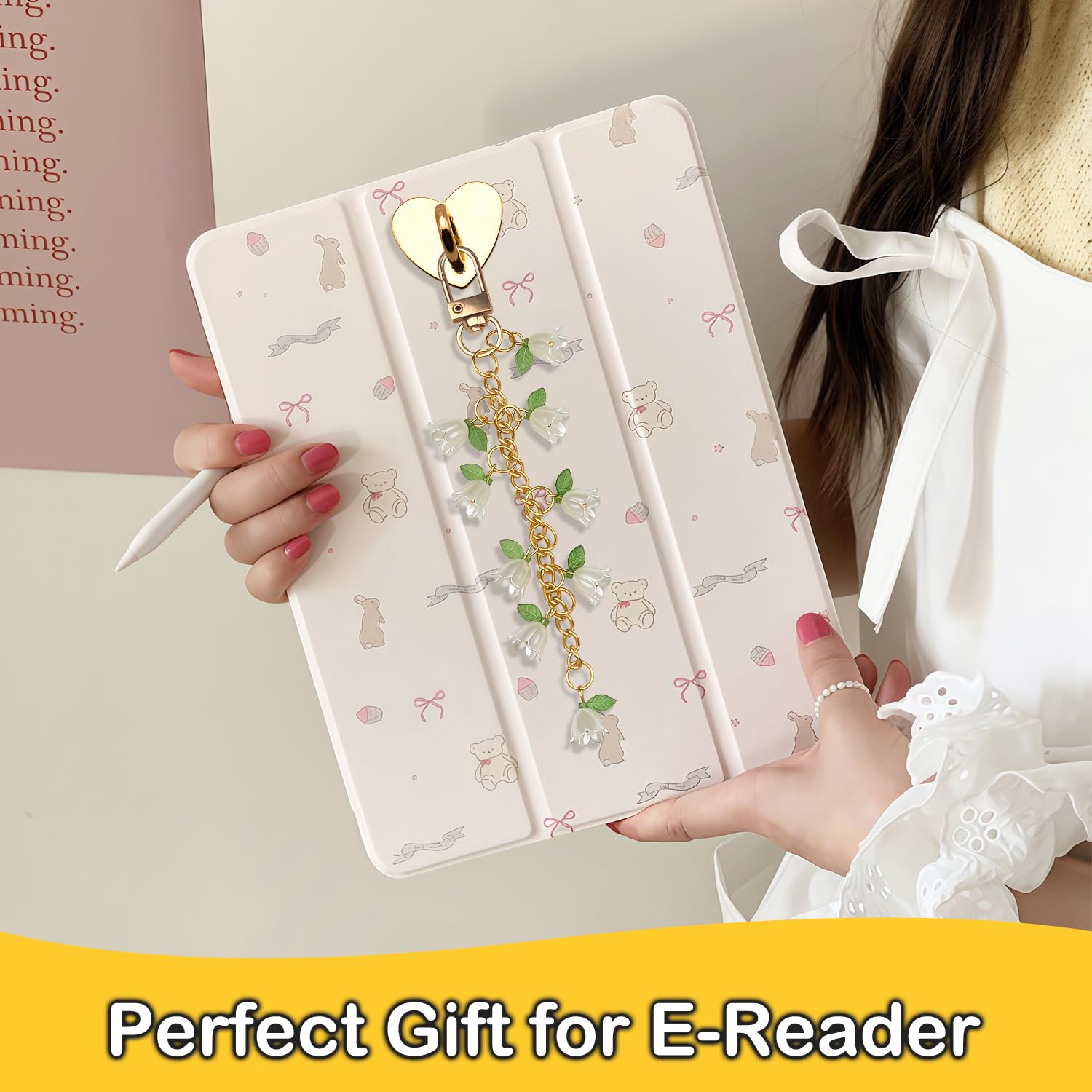 BATHRINS 5 PCS Kindle Charms Including Dust Plug Charm Type C/USB C, Cute Flower Chains Phone Charm with Heart Grip Holder, Compatible for Kindle Paperwhite/E-Reader/Phone - 3