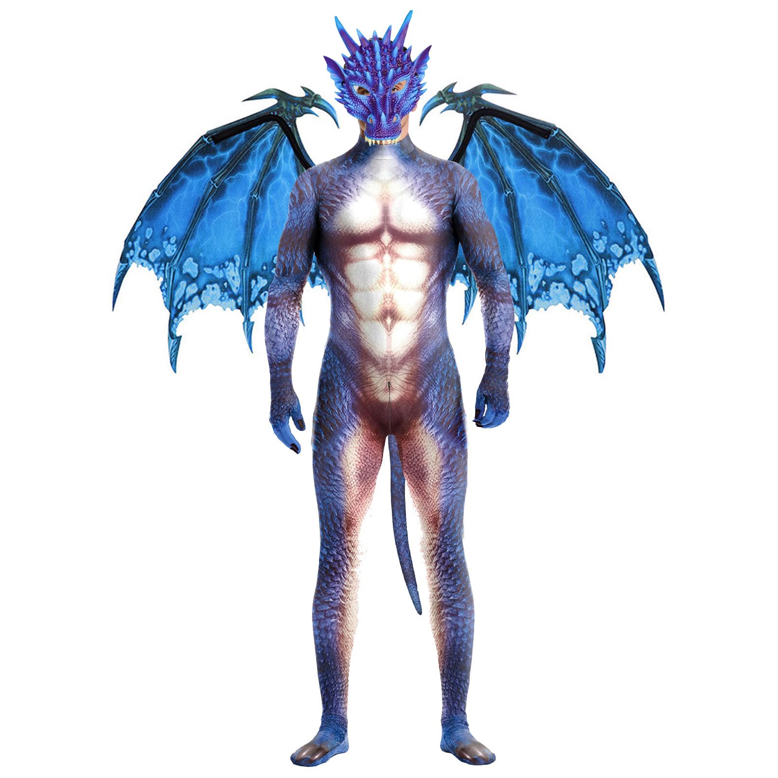 Men's Fullbody Dragon Costume Bodysuit with Wings,Mask,Tail,3Pcs Halloween Ice Dragon Muscle Animal Catsuit Outfit (Medium)