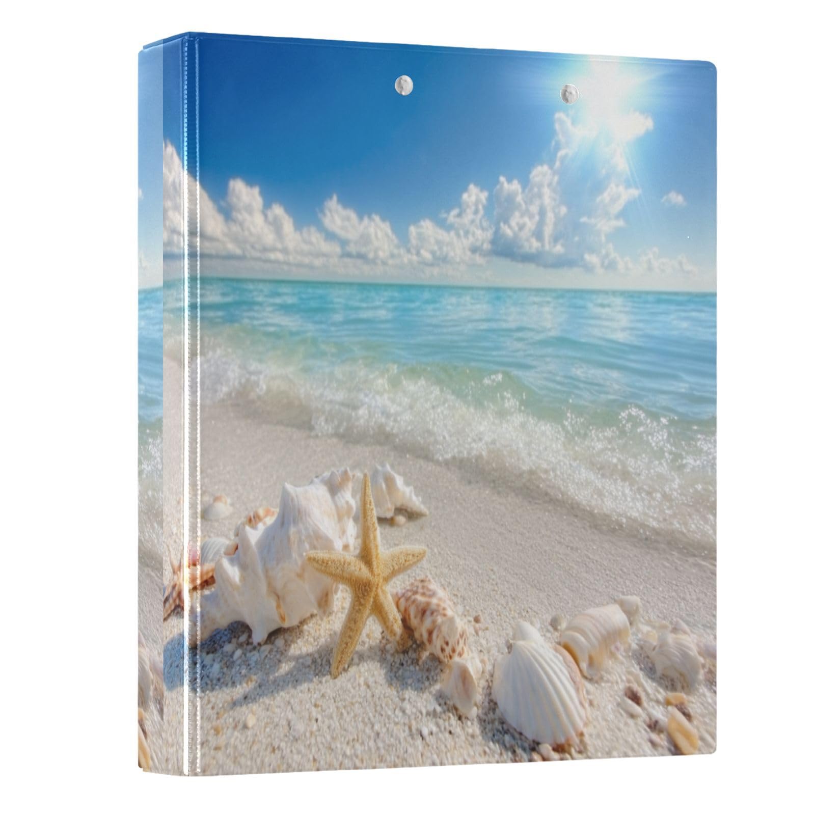 Kcldeci Raccoglitore a 3 anelli con copertina rigida, per carta formato lettera, conchiglie, stelle marine e conchiglie, anelli rotondi da 3,8 cm, organizer per scuola/ufficio, confezione da 2