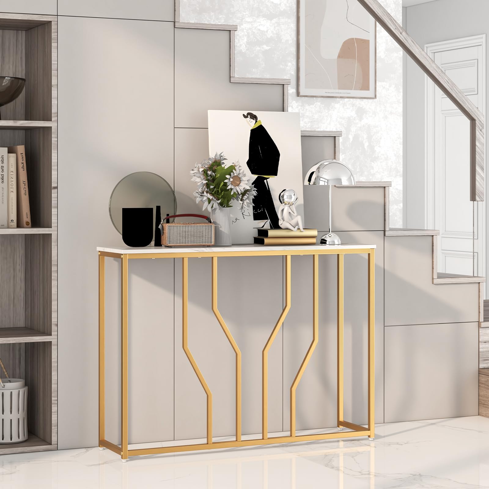 GIANTEX Tavolo Consolle Effetto Marmo con Struttura Geometrica | Tavolo da Ingresso Bianco Oro, Tavolino da Divano 110x30x80 cm