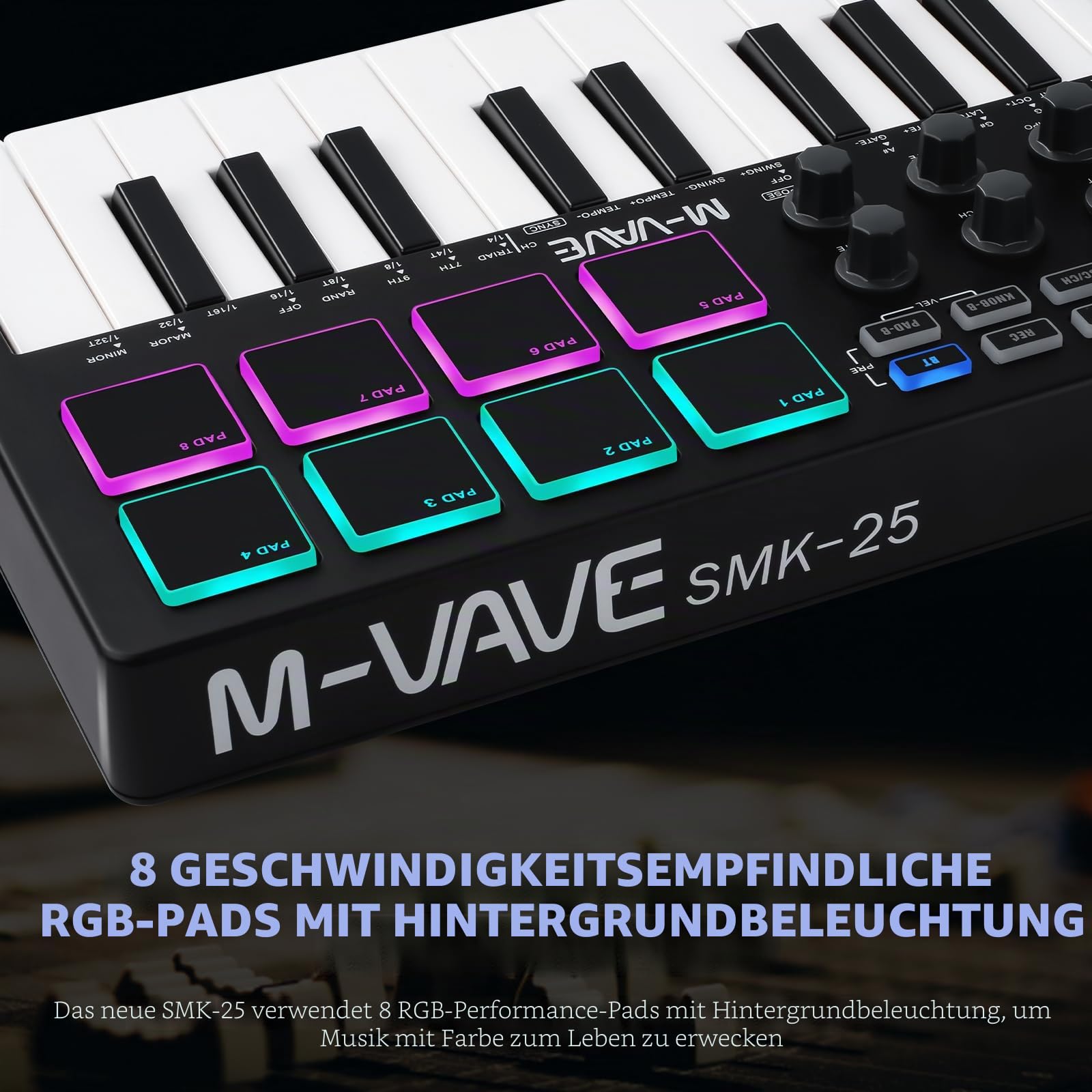 M-VAVE Mini 25-Tasten-MIDI-Tastatur, Steuerungstastatur, Musik-Arranger-Tastatur, elektronisches MIDI-Keyboard, Controller-Pad, SMK-25, schwarz und weiß, eingebauter Akku