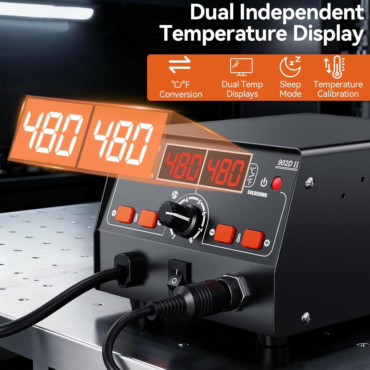 Dual Independent Temperature Display showing separate temperature readings for hot air gun and soldering iron