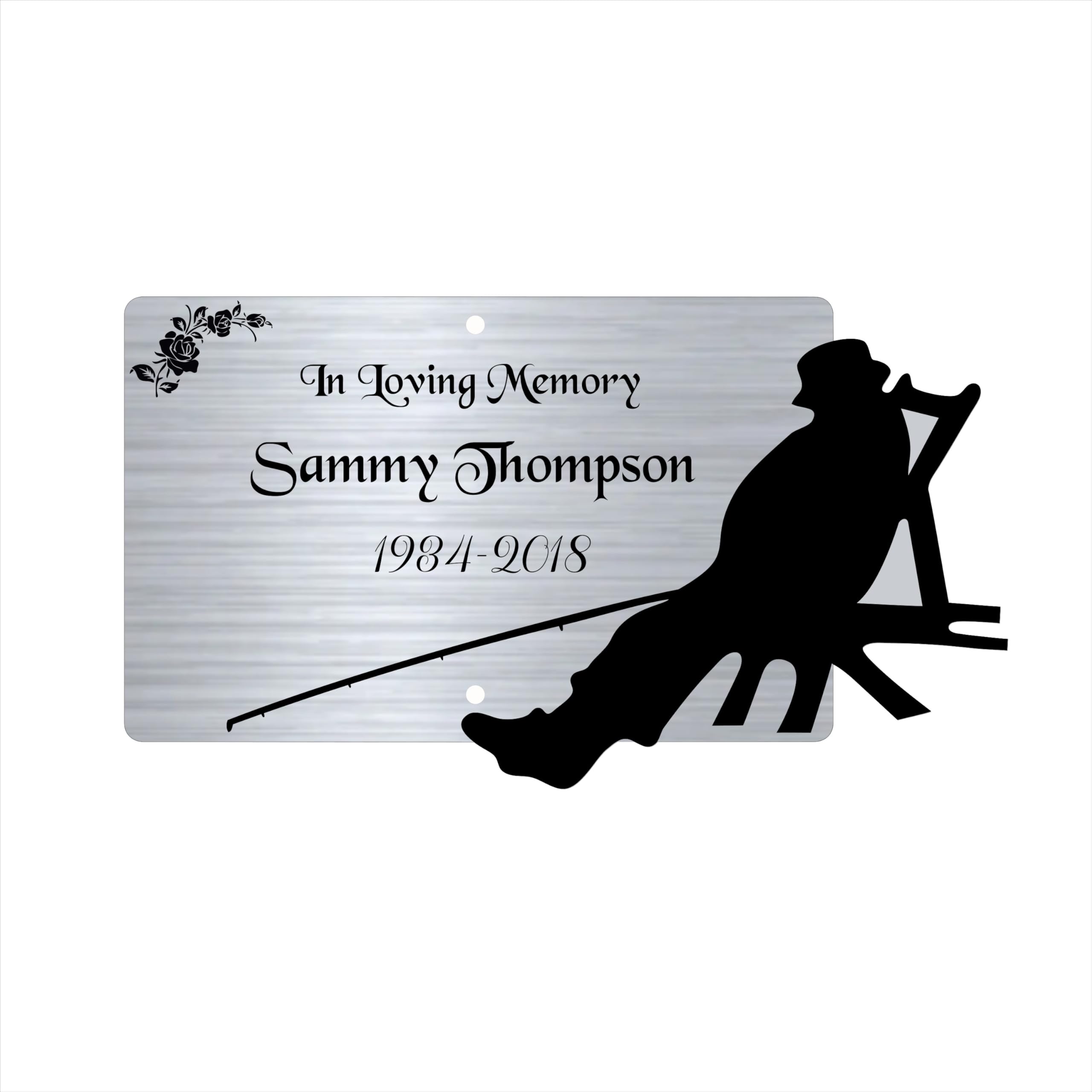 Personalised Memorial Plaque, 6x4 Engraved Bench Plaques, Engraved Tree Sign, Silver, Weatherproof, Grave, in memory of a loved one (Silver Person Fishing)