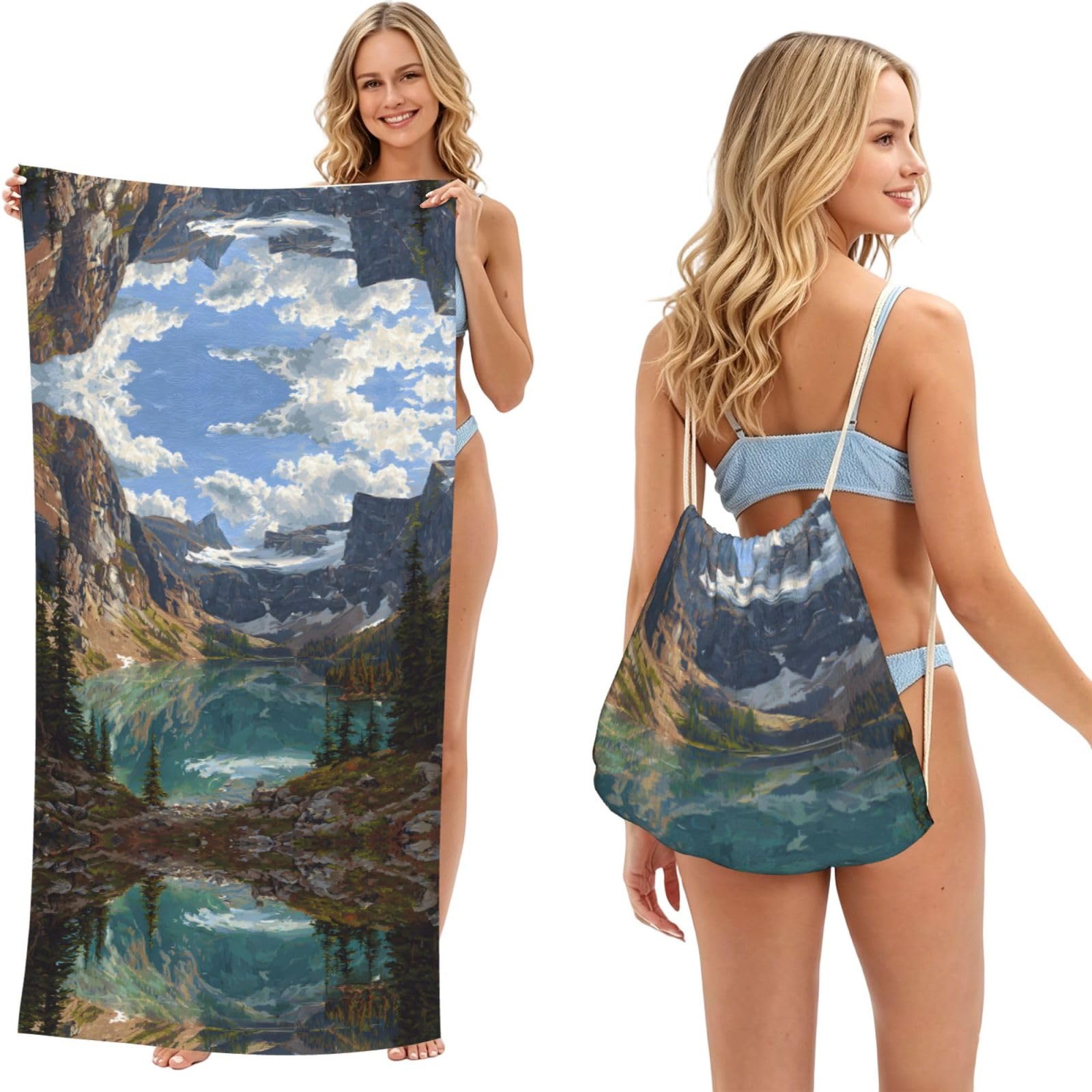ESNAIUVCD Glacier Lake Print Beach Towel For Adults,Towel With Drawstring Bag, Travel Pool Swimming Sports Shower Sand Free Quick Dry Bath Towel For Pool, Beach, Yoga- 180x60cm