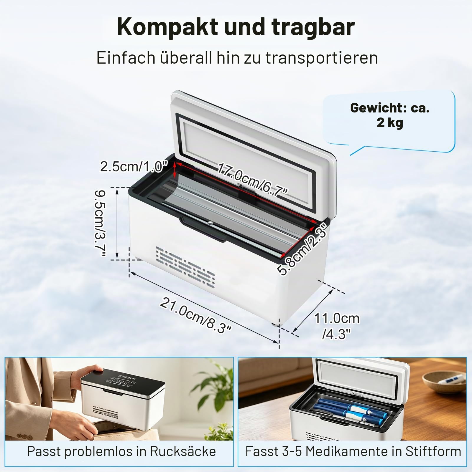 Tragbarer Insulin Kühlbox Elektrisch, Mini Medikamenten Kühlbox mit Akku | Insulin Kühltasche Elektrisch, LED-Anzeige (2–8 °C Einstellbar), mit Zwei 10200 mAh Akkus für Zuhause, Unterwegs & Auto