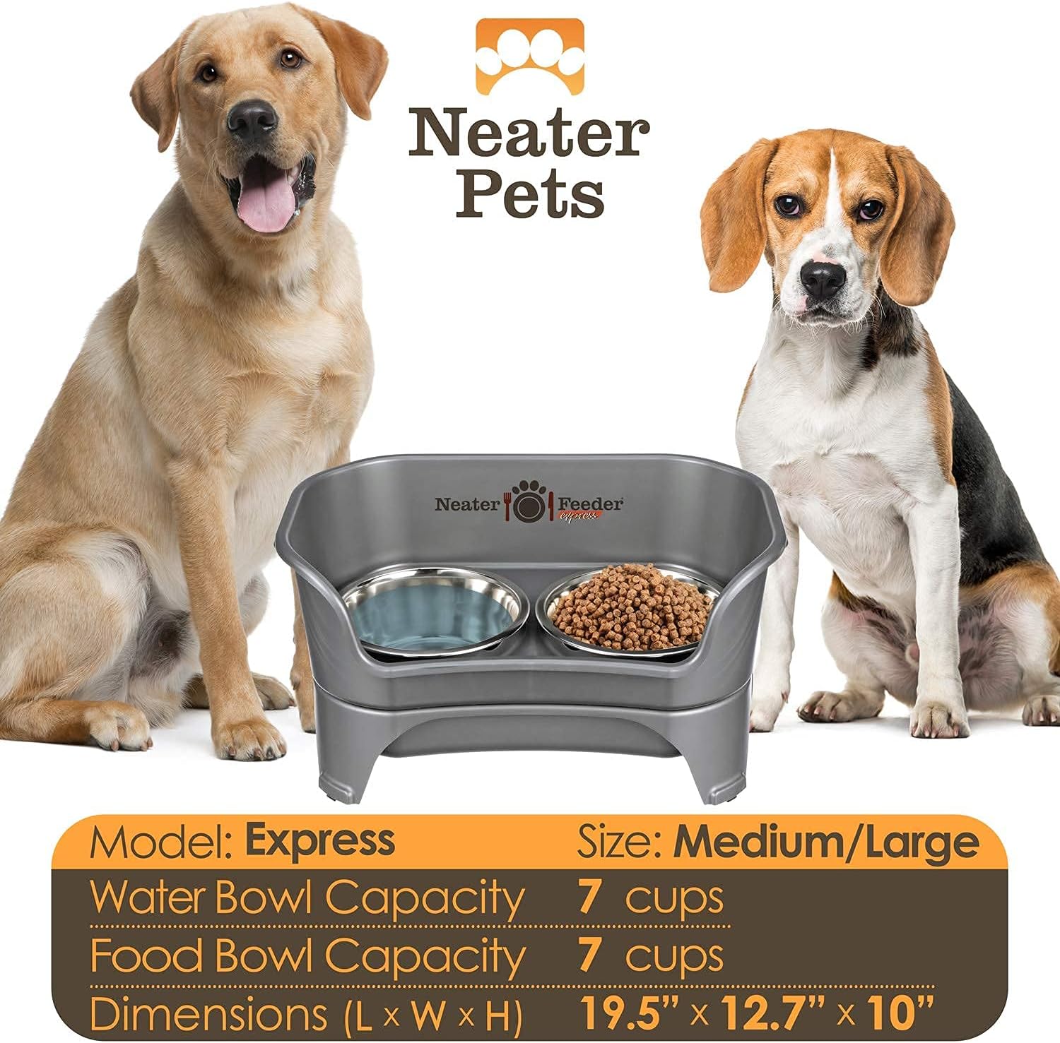 Neater Pets Neater Feeder Express Mess-Proof Slow Feed Bowl & Water Bowl with Neater Mat Waterproof Silicone Mat - Protect Floors from Food & Water, Gunmetal