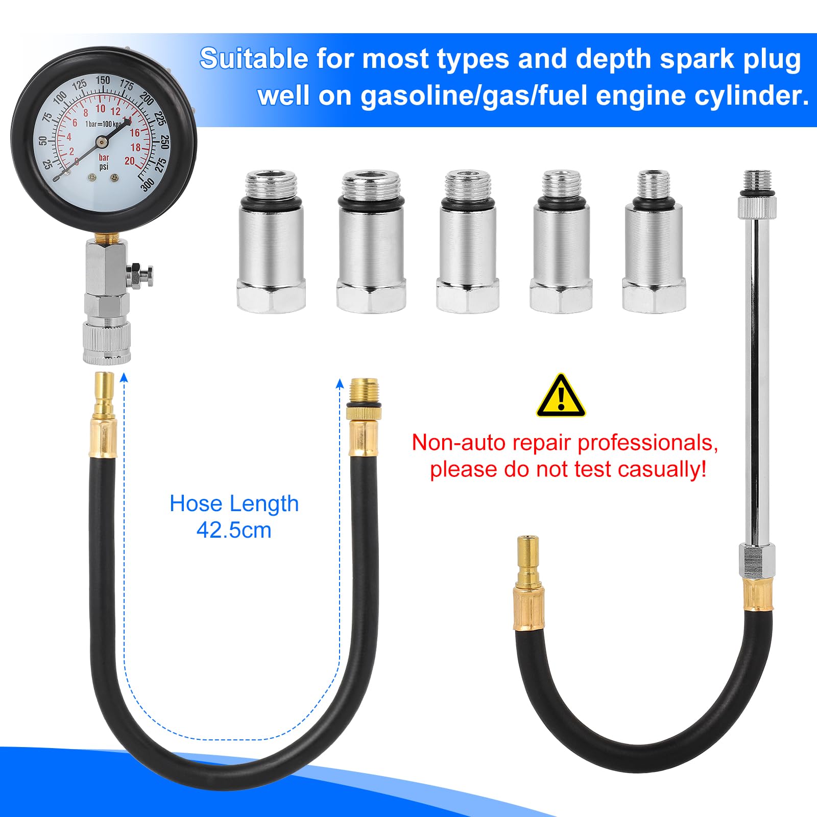 SWAWIS 11 Pezzi Tester di Compressione per Motori a Benzina 0-300 PSI / 0-20 BAR Misuratore di Pressione Cilindri Auto, Strumento Cilindro Compressione Tester Kit