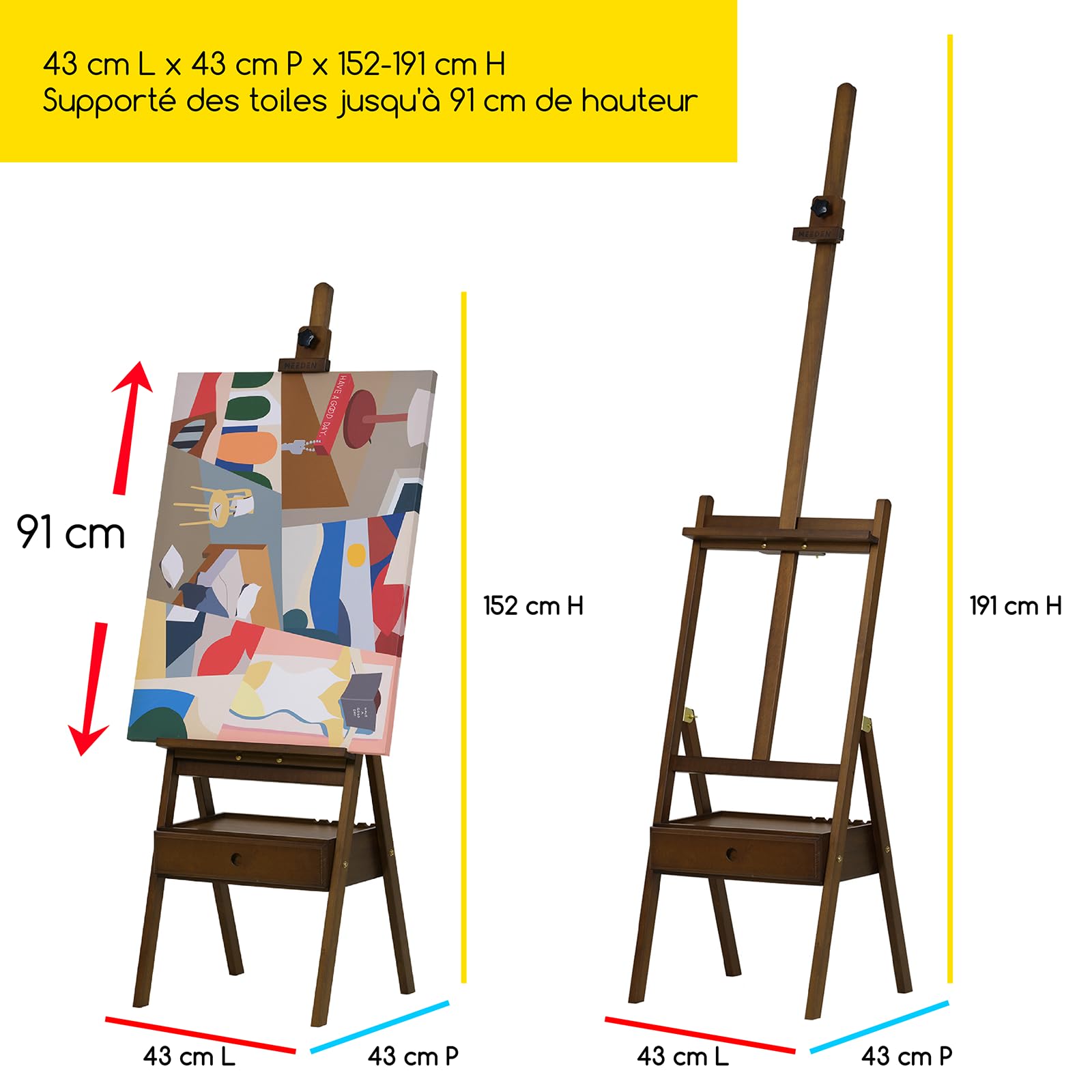MEEDEN Chevalet de Peinture en Bois avec Tiroir de Rangement : Chevalet de Studio en H Réglable en Hêtre, Grand Support de Peinture Pliable – Adapté aux Toiles jusqu'à 91 cm, Noyer clair