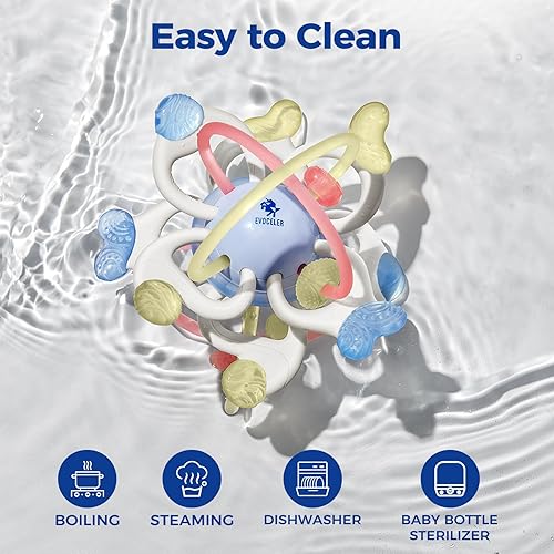 Miniatura 7 de Evoceler Juguete para bebé, juguete sensorial Montessori para 0-6, 6-12 meses, giratorio 10 texturas de silicona suave juguete de dentición con caja