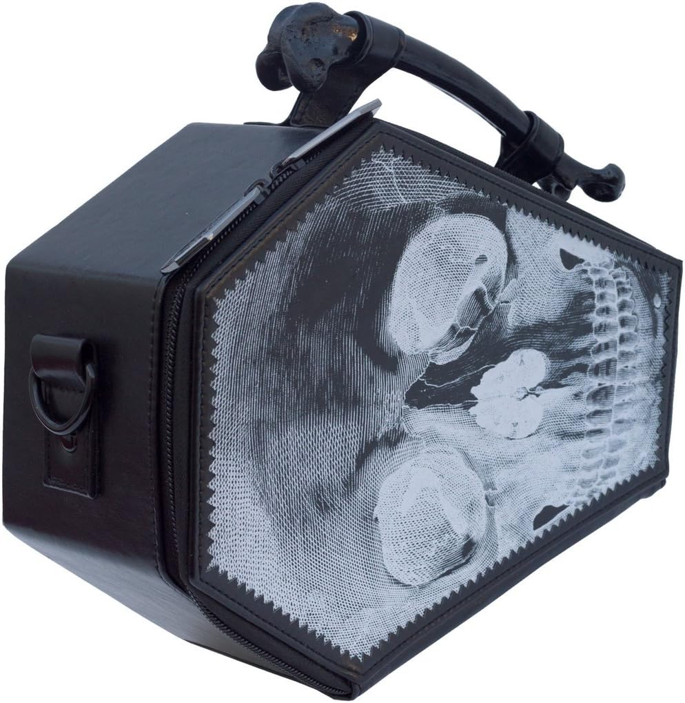 Anatomical Skull Coffin Purse Casket Theme Handbag Kreepsville Halloween Prop, Black, approximately 10" long, 7 1/2" tall, and 4" deep