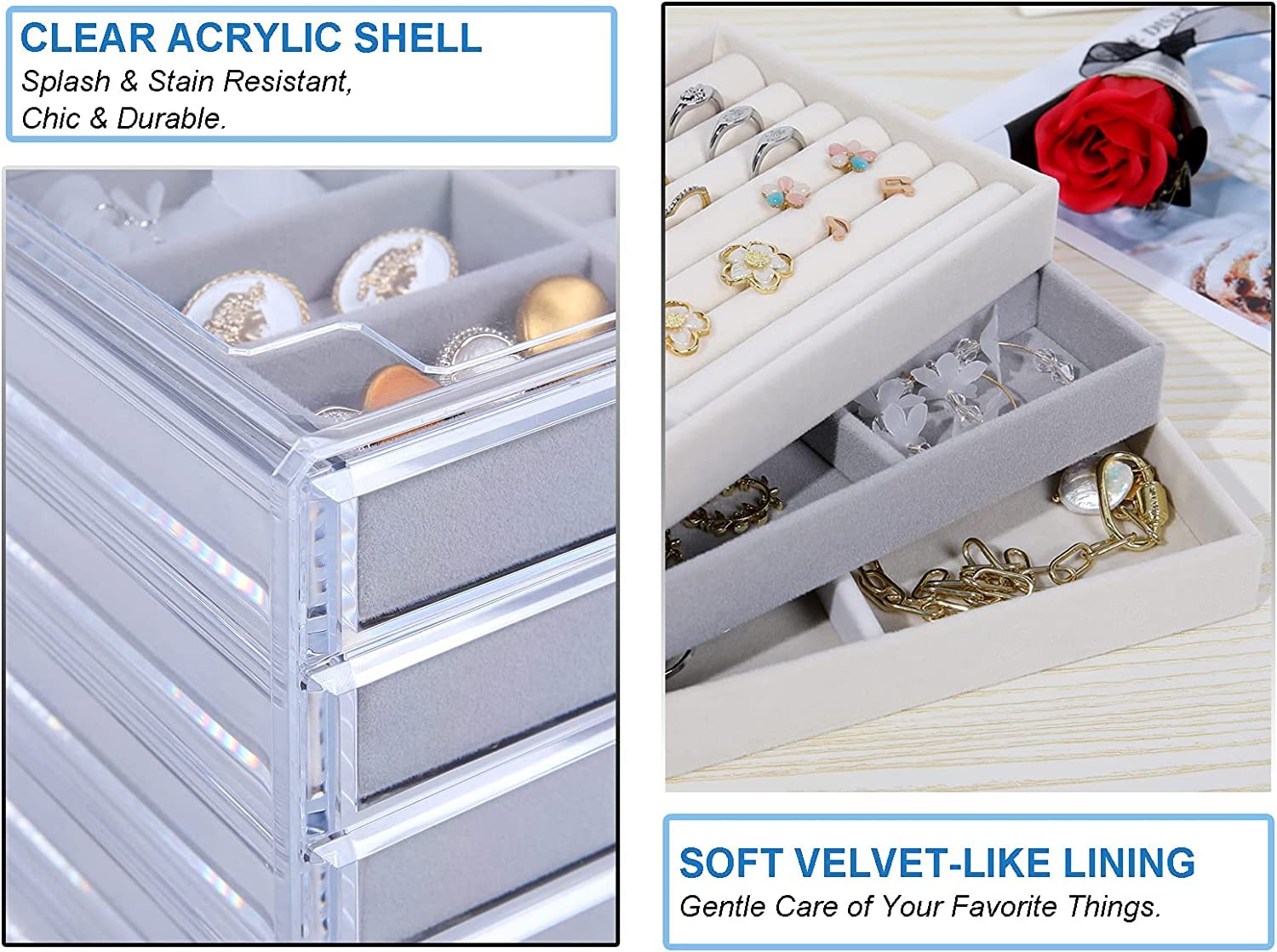 Snazzy 5 Drawers Acrylic Jewelry Organizer, Birthday and Back To School Season Gift, Women Large Clear Jewelry Box, Velvet Jewelry Display Holder for Earrings, Rings, Necklaces, Grey 4