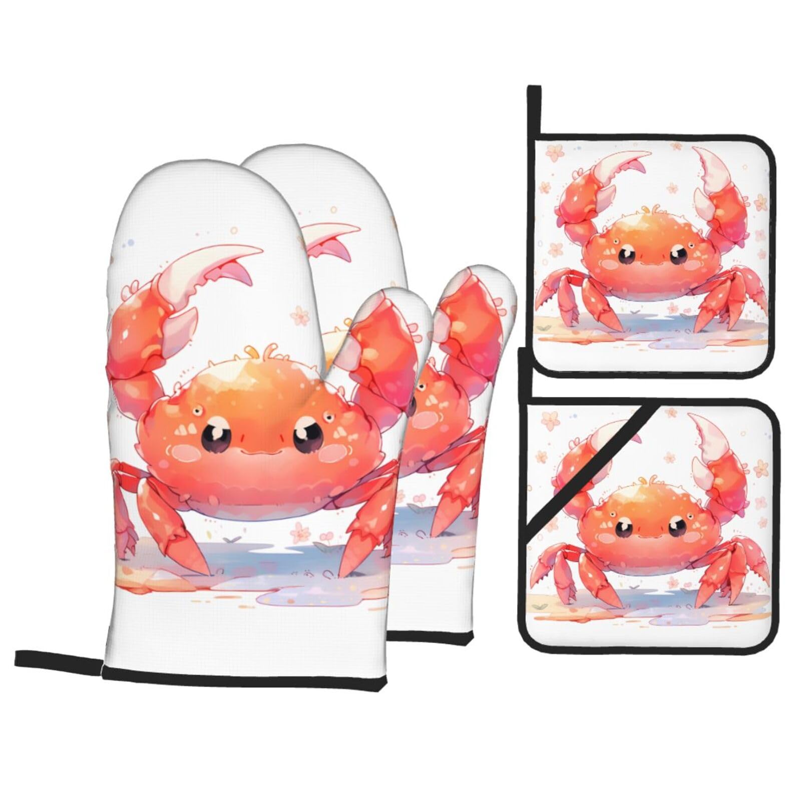 YYHWHJDE Printed Crab Printed Kitchen Baking Set of 4 Thick Insulated Oven Mitt & Pot Holders, Anti-Scalding for Microwave, Oven, Outdoor BBQ