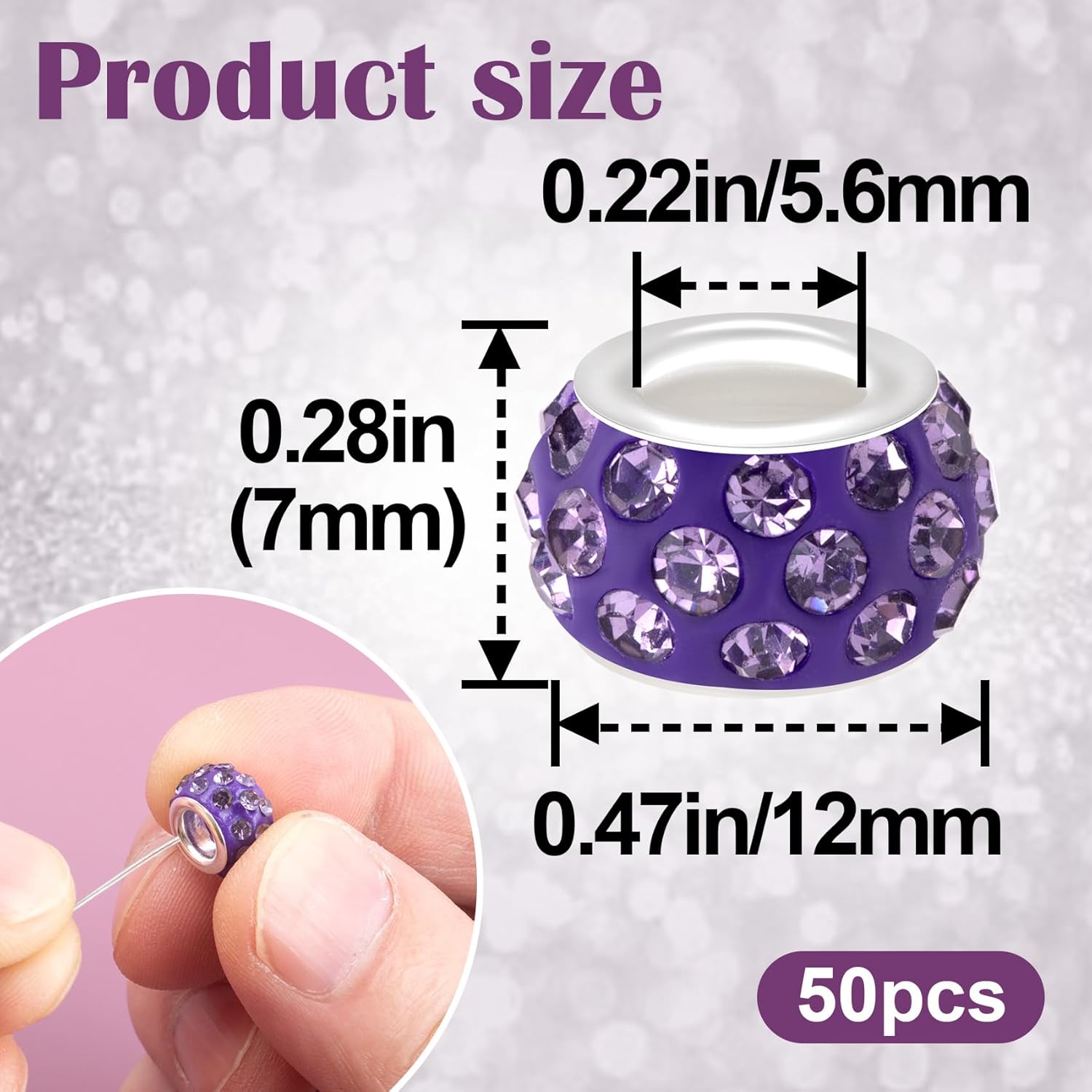 ANCIRS 50pcs 12mm Large Hole Rhinestone Euro Beads, Rondelle Spacer Beads for European Bracelet (Purple) - Image 2