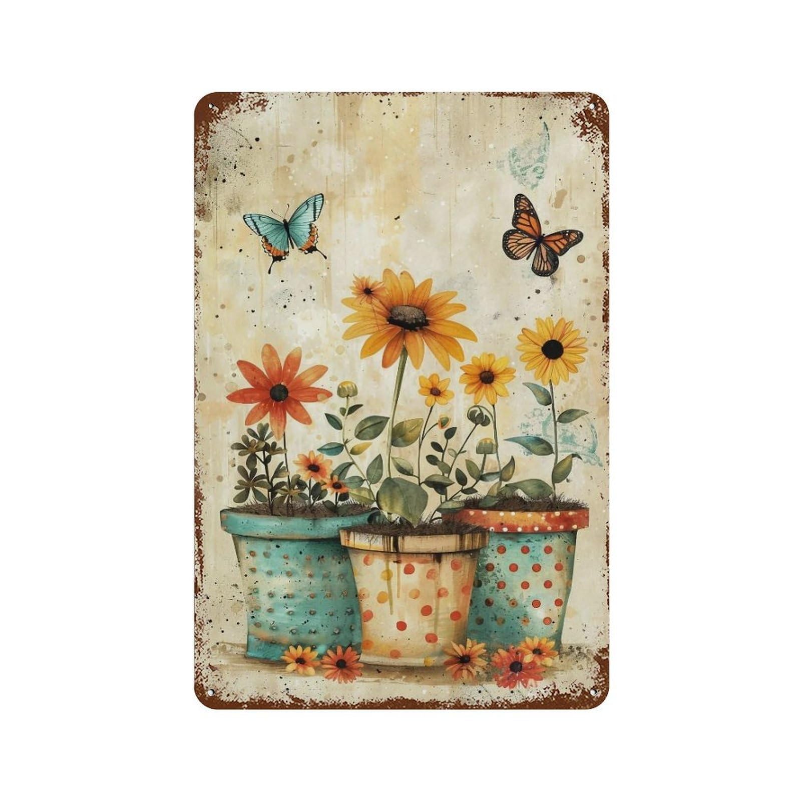 YHGERTKU Watercolor Three Potted Flowers Colorful Butterfly 04 Wall Art Retro Iron Vintage Metal Tin Sign Poster Modern Decor for Living Rooms Gift 30x20cm