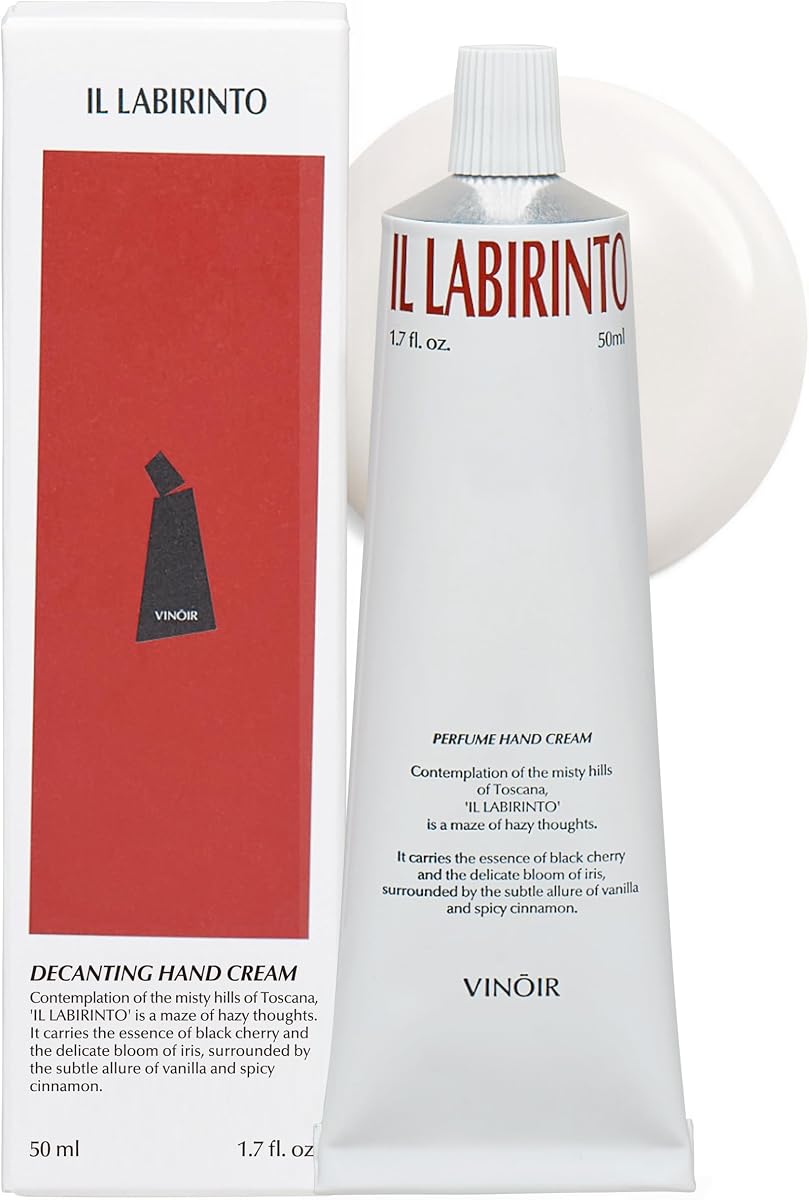 VINOIR Crema de manos decantante IL LABIRINTO - Hidratante de manos perfumado de larga duración para pieles ásperas - Manos suaves y tersas - Aroma a cereza negra, iris y canela, 1.7 oz.