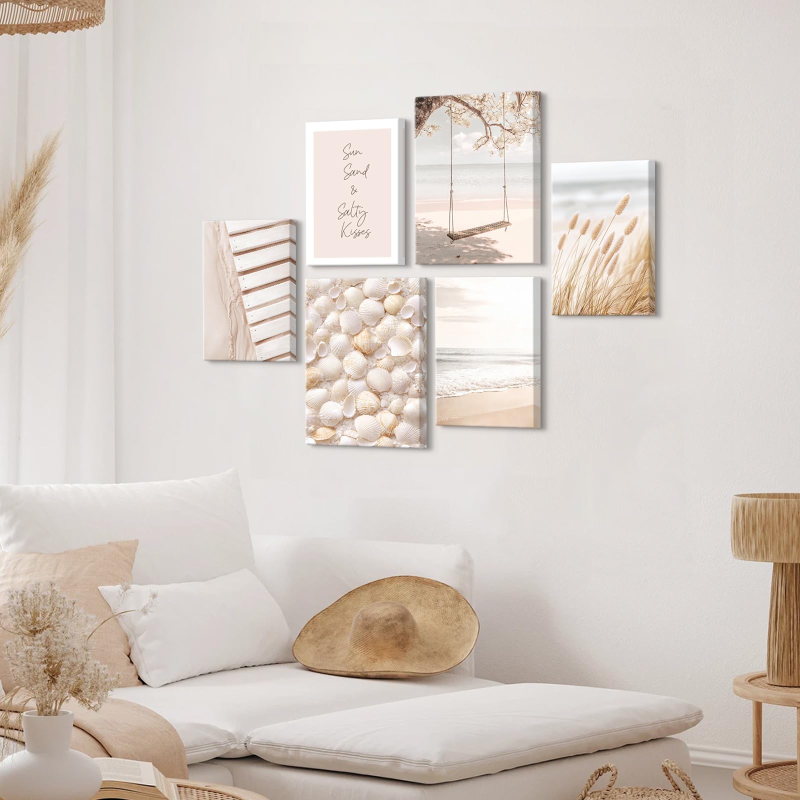 6pcs Cadre en Bois Impression sur Toile Boho Coquillage de Plage Côtière Tableau Affiche Decoration Murale Océan Paysage Peinture Tableau Decoration Murale Salon Chambre 30x40 cm x2+20x30 cm x4