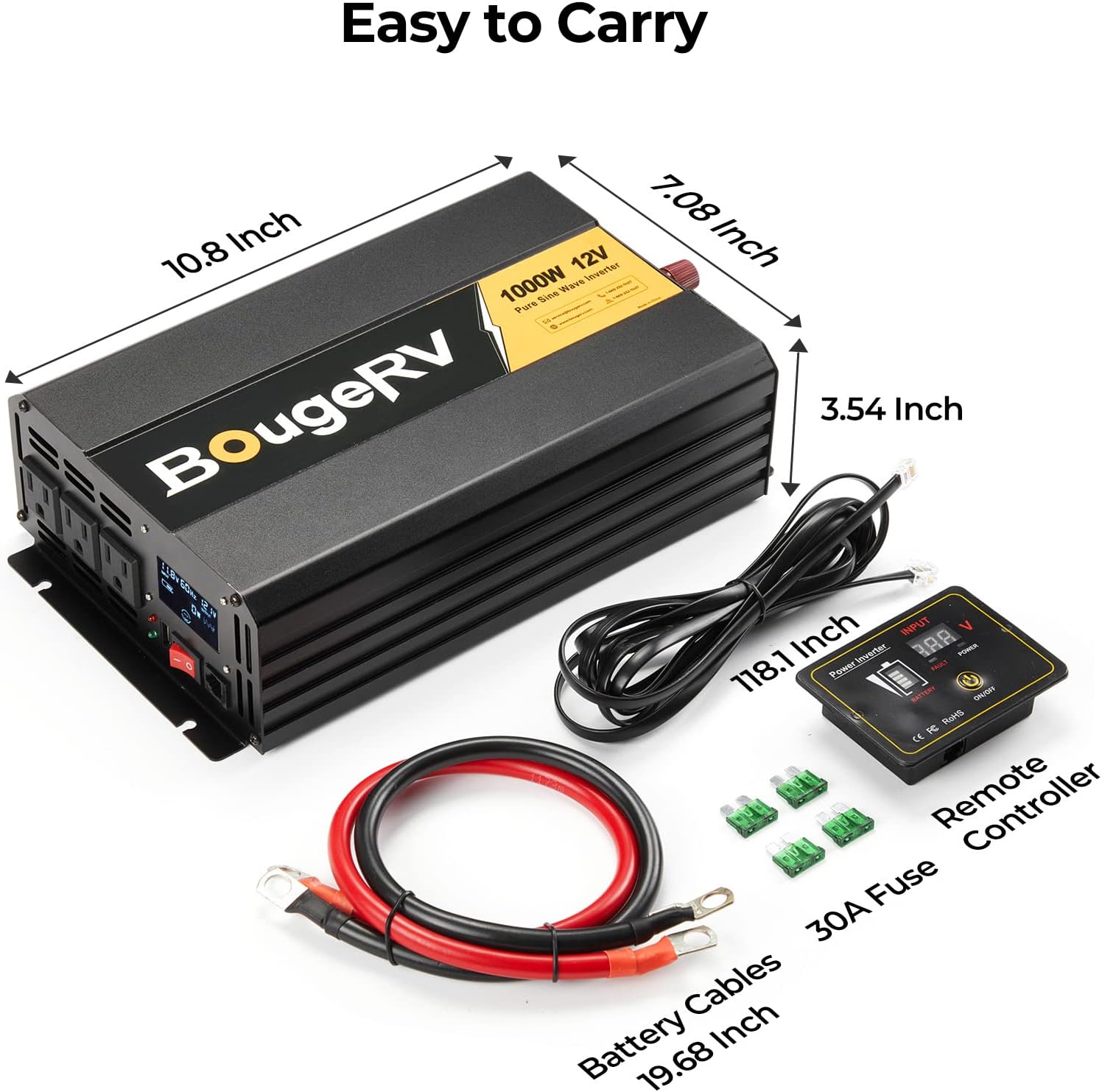BougeRV Pure Sine Wave Inverter 1000W Convert DC 12V to AC 120V, with LCD Digital Displayer, Wired Remote Controller, for off-grid Solar Power System, RV, Home Backup Power : Automotive