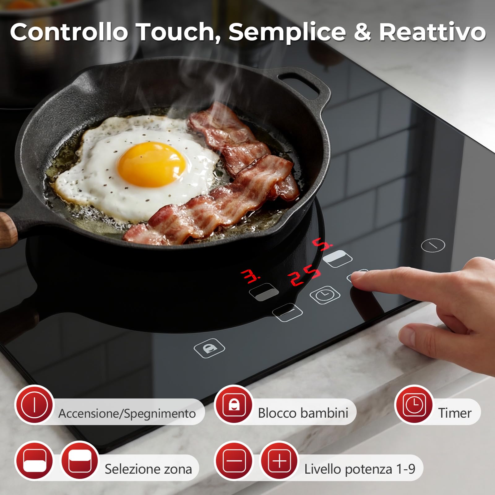 Piano Induzione 2 Fuochi da Portatile/Incasso, 3000W Piastra Induzione 2 Fuochi, Comando Touch, 9 Livelli di Potenza, Timer 99 Min, Spegnimento Automatico, Sicurezza Bambini, con Cavo di Alimentazione
