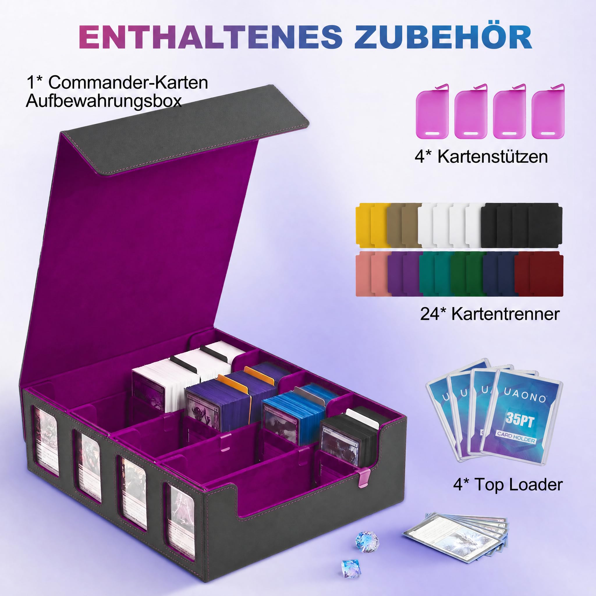 UAONO Trading Card Storage Box für Commander Display, 2400+ MTG Deck Box mit 4 Top Loaders, TCG Card Case passend für Magic PTCG Sports Cards（Schwarz&Lila）