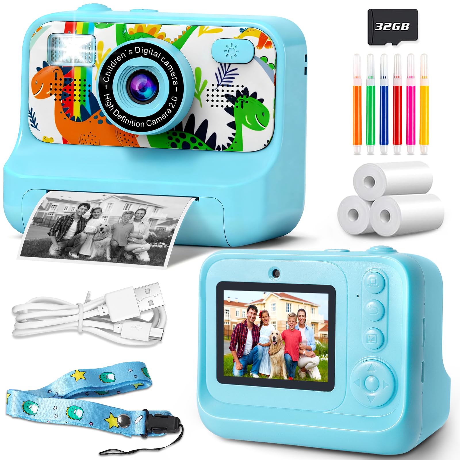 Cámara Fotos Infantil Instantánea, Cámara Niños Full HD 1080P con Pantalla de 2,4 Pulgadas, Tarjeta de 32 GB y 3 Rollos de Papel de Impresión, para Niños y Niñas de 3 a 12 Años (Azul)