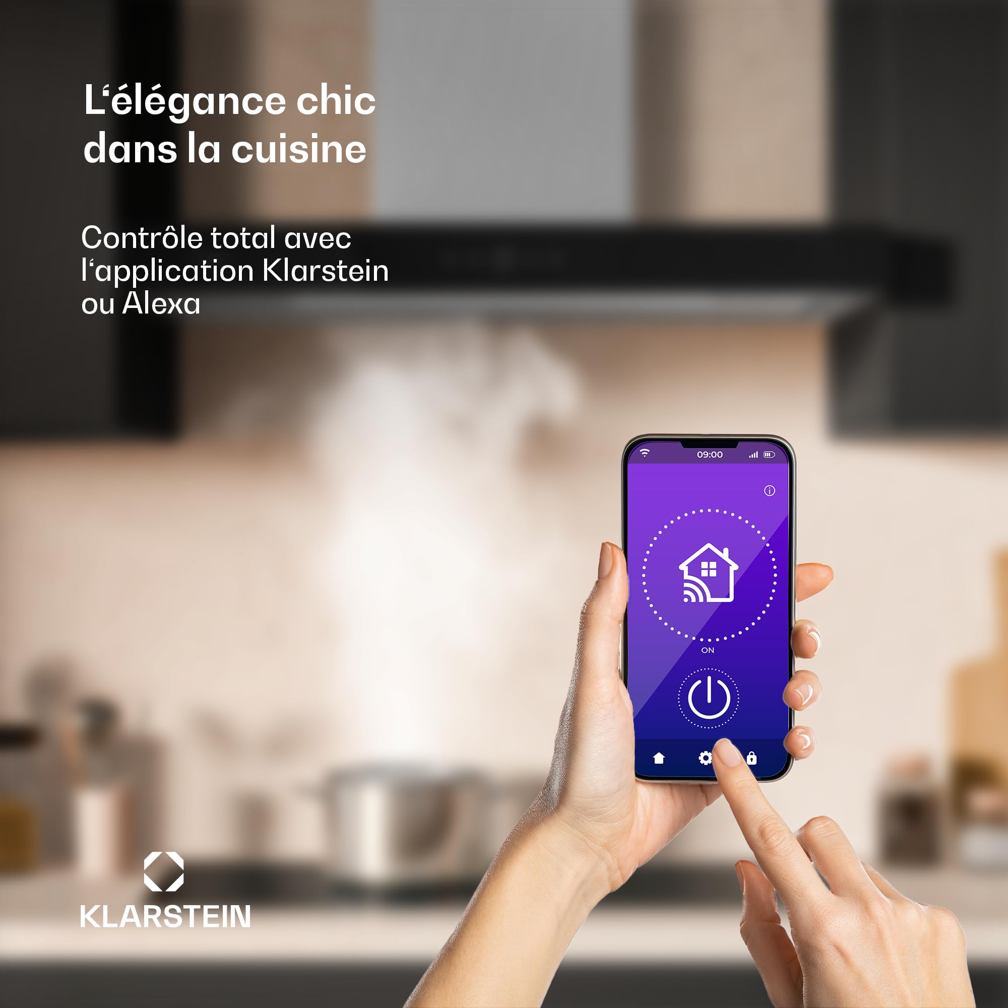 Klarstein SmartEdge Hotte Aspirante - 90 cm, Wi-Fi, 550 m³/h, CEE A+, LED, Silencieuse 34 dB, Tactile, Hotte Cuisine, Inox