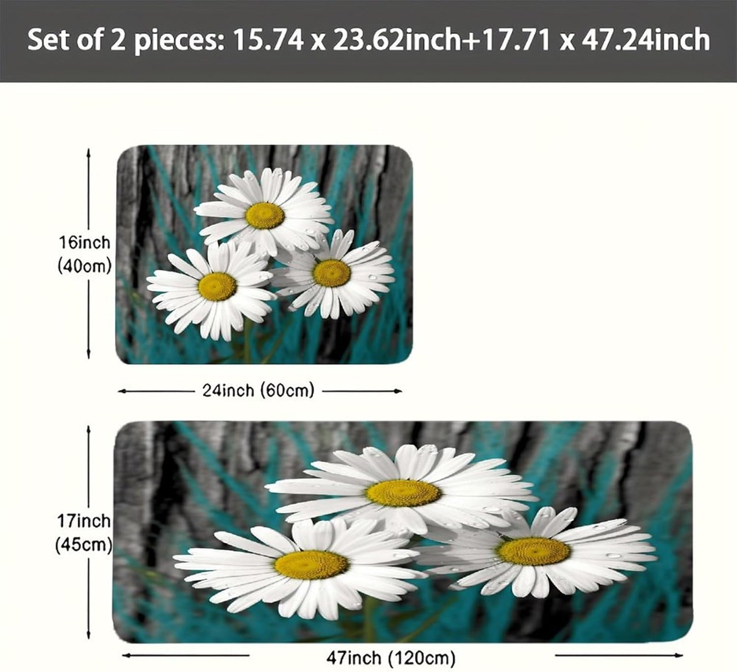 Daisy Flowers Kitchen Mat Set of 2 Ergonomic Comfort Velvet Rugs Cushioned Anti-Fatigue Non-Slip Standing Mats Thick Kitchen Floor Mat Carpet Runner Rugs 16"×24"+17"×47"