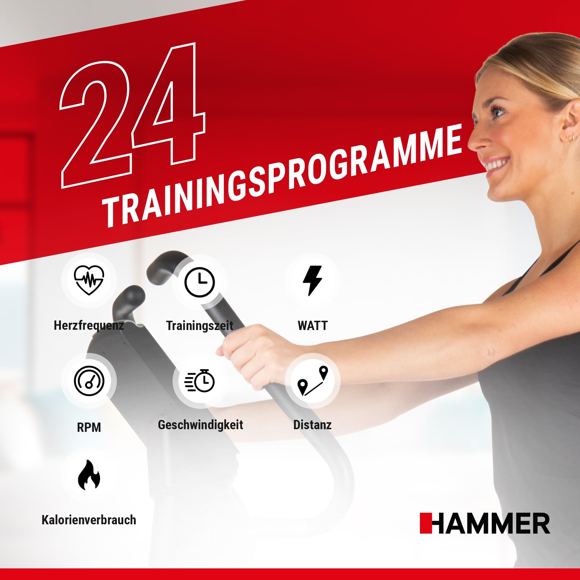 HAMMER Ergometer Cardio Motion BT, leises Fitnessfahrrad mit tiefem Einstieg und Comfort-Sattel, geeignet als Heimtrainer für Senioren, Bluetooth und App-Steuerung, Tablethalterung, 110 x 52 x 140 cm