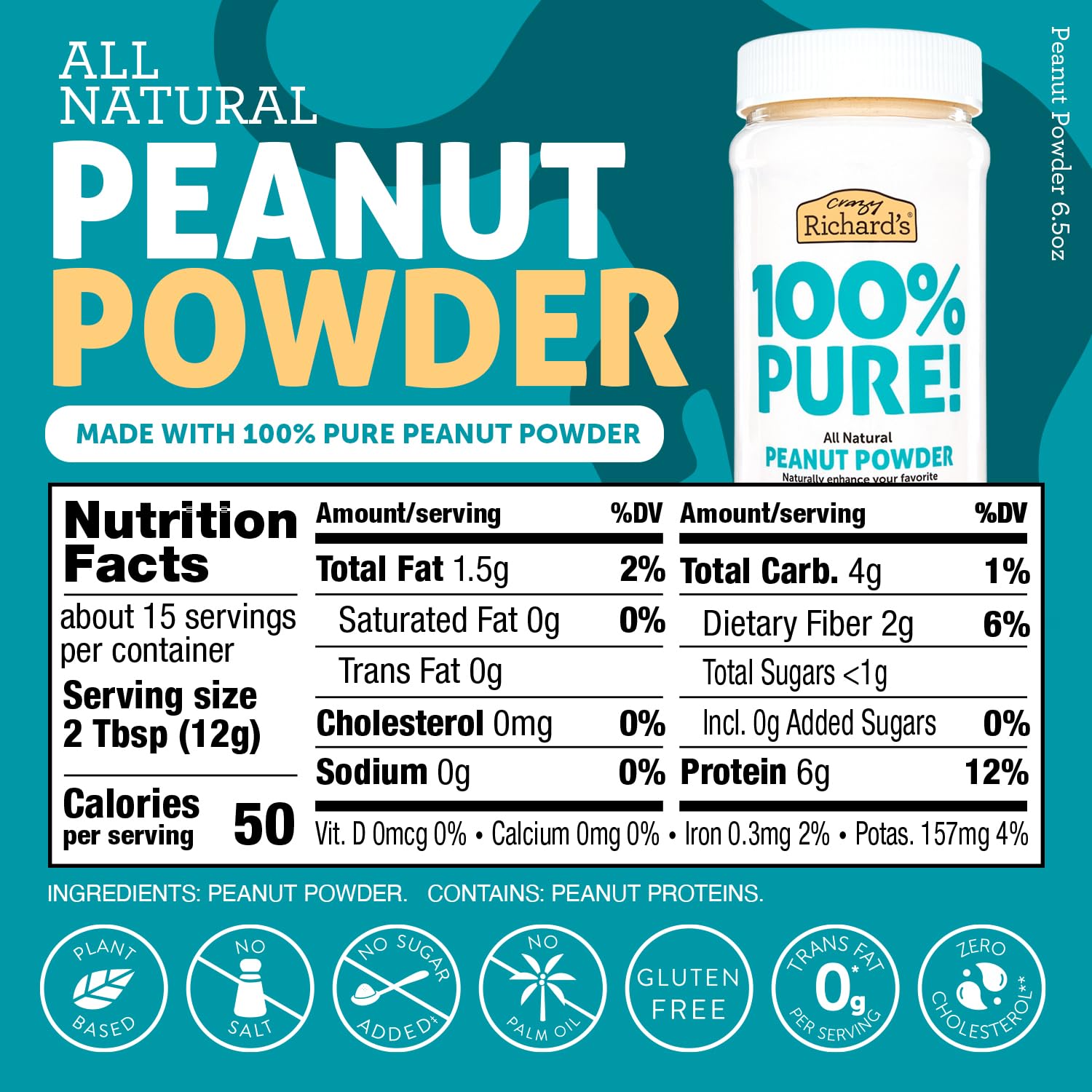 Crazy Richard's 100% All-Natural, USA Grown, Peanut Butter Powder with No Added Sugar and Non GMO (6.5 Ounces, Pack of 6)