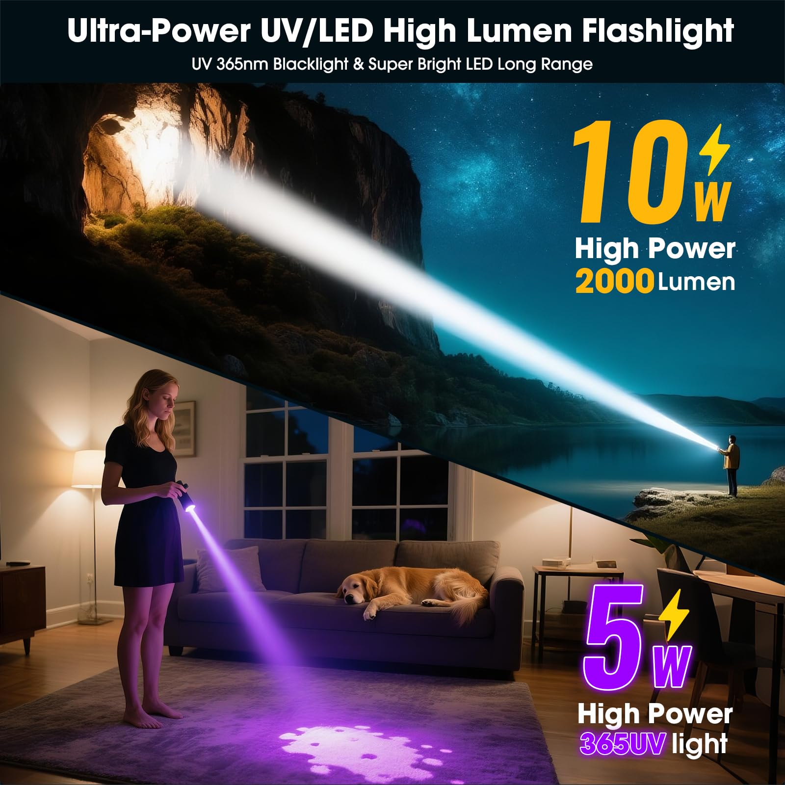 Linterna recargable con luz negra UV y lúmenes altos, potentes linternas de luz negra para detección de orina de mascotas, curado de resina, escorpión, linterna LED táctica impermeable con zoom