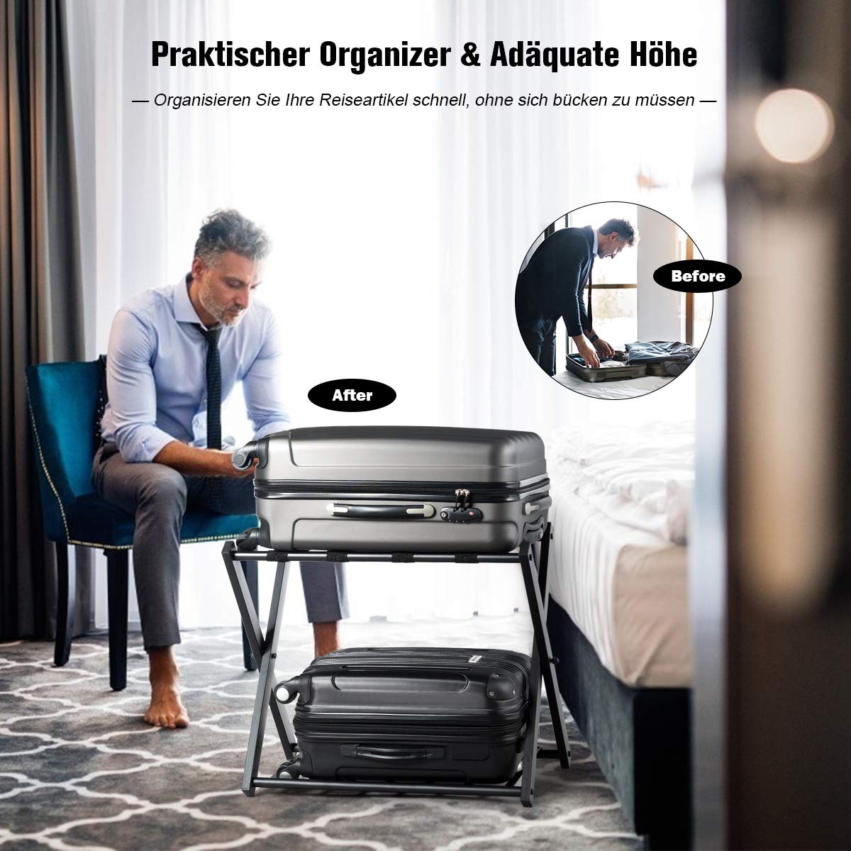 RELAX4LIFE Kofferständer Metall, Kofferablage mit 2 Ebenen, Gepäckablage klappbar, Kofferbock mit 4 Gurten, Gepäckständer für Schlafzimmer Gästezimmer Hotel, Kofferablage für Gepäck, Schwarz (2 Pack)