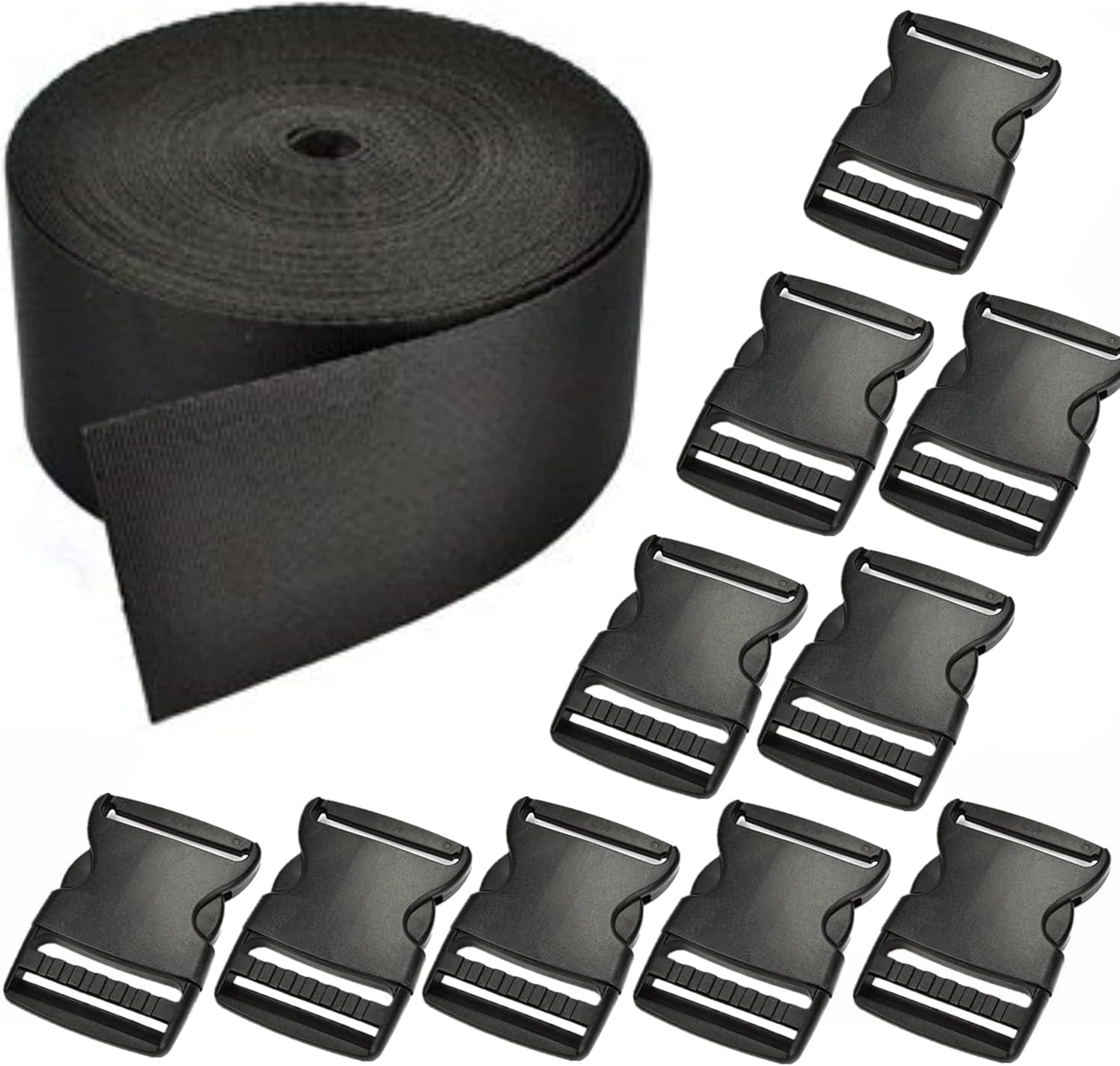 Cosmos 2 Inch Wide 10 Yards Black Nylon Heavy Webbing Strap+10 PCS 2" Black Color Flat Shape Plastic Side Release Plastic Buckles with Cosmos Fastening Strap