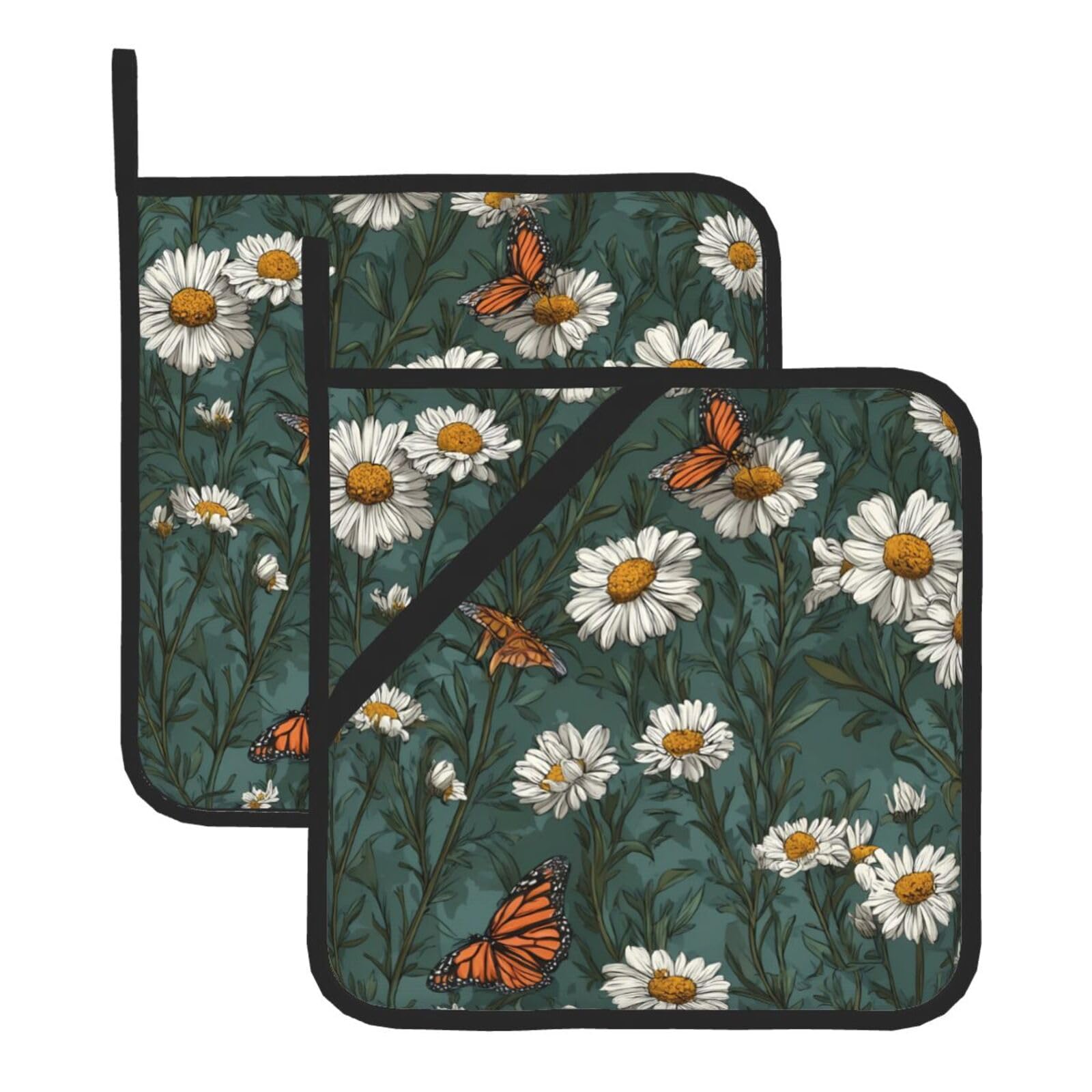 HJFCZH Daisies and Butterflies Printed Square Insulated Pot Mat Set (2-Piece) 8x8in Waterproof, Thickened & Easy to Clean with Lanyard Design for Kitchen, Oven & BBQ