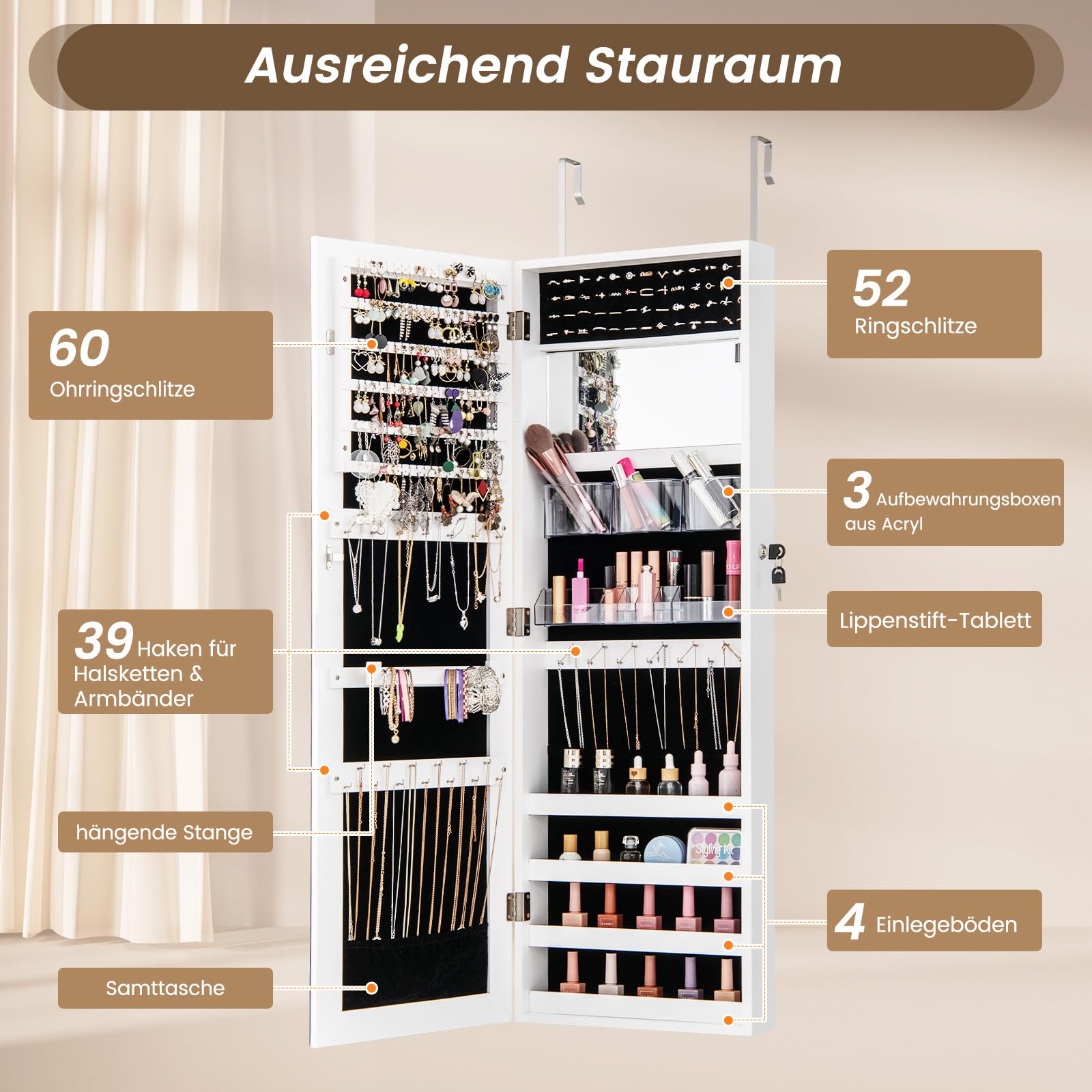 COSTWAY Schmuckschrank hängend, 2 in 1 Wandspiegel & Schmuck Organizer, Spiegelschrank abschließbar, Schminkschrank mit 2 Spiegel, Tür- / Wandmontage, verstellbare Haken (Weiß)