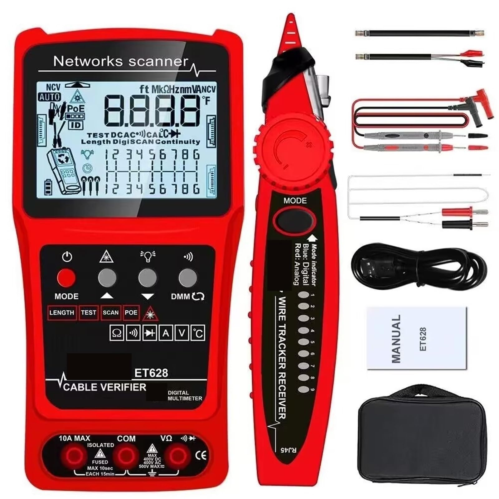 Tester per cavi, Tester Per Cavi Di Rete, LAN, Localizzatore Visivo Guasti, Multimetro, Mappatura, POE, RJ45 per la raccolta dei cavi(Et628)