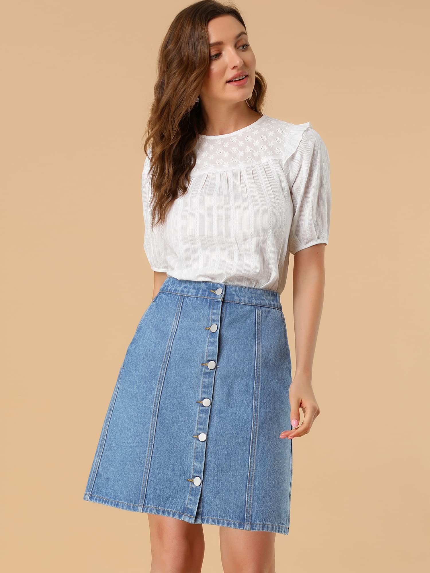 Allegra K Jupes en Jean pour Femme 2024 d'été décontractée trapèze Courte boutonnée, Bleu Ciel, Taille M